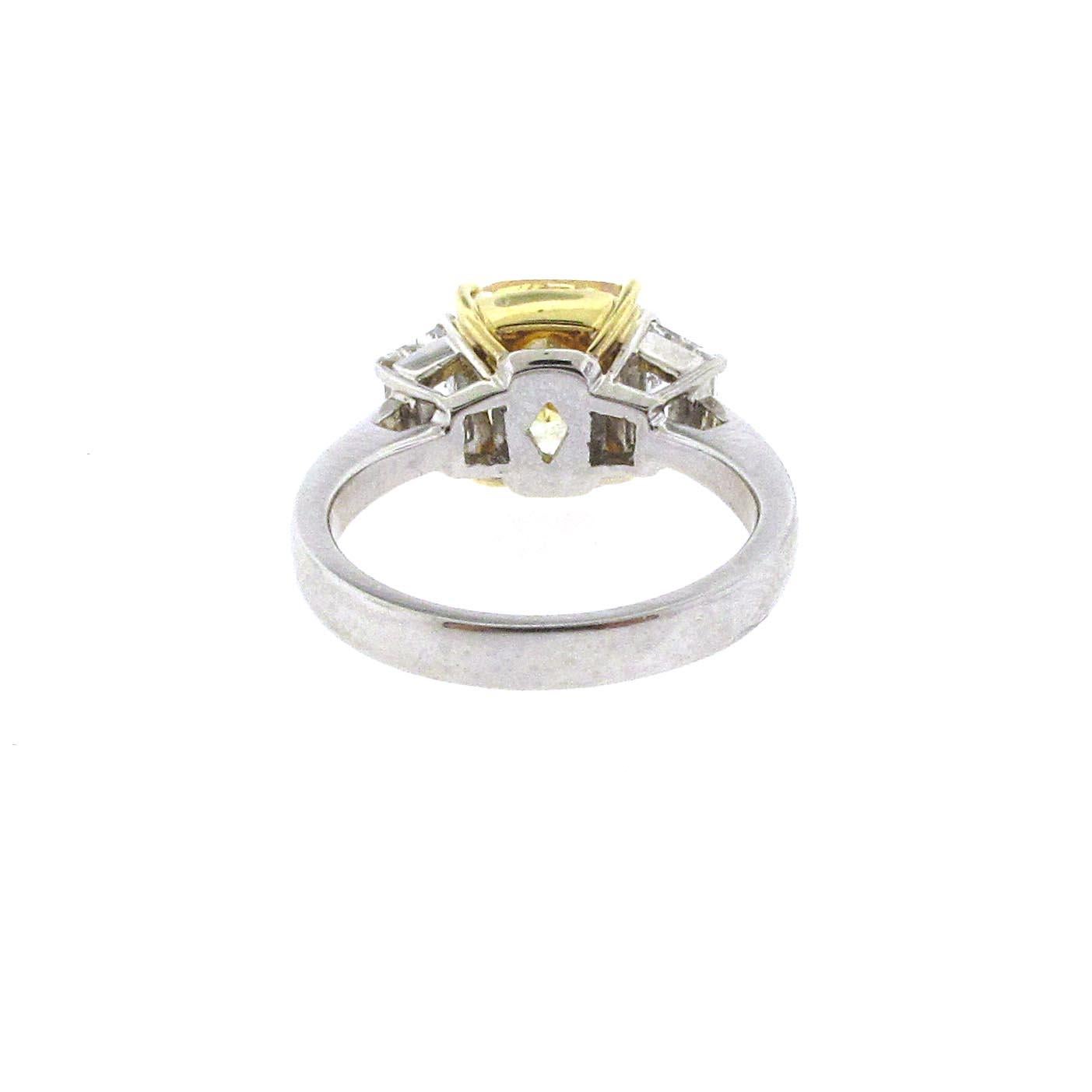 GIA Certified 4.02 Carat Fancy Yellow Cushion Cut Diamond Engagement Ring In Excellent Condition In Beverly Hills, CA