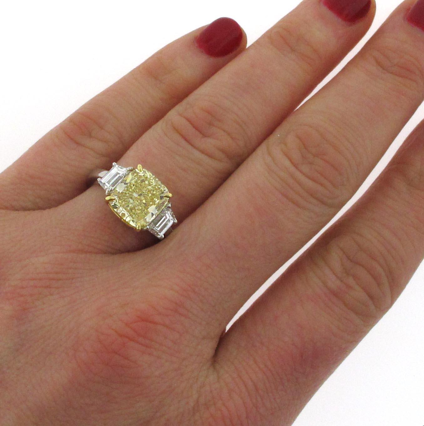 Women's GIA Certified 4.02 Carat Fancy Yellow Cushion Cut Diamond Engagement Ring