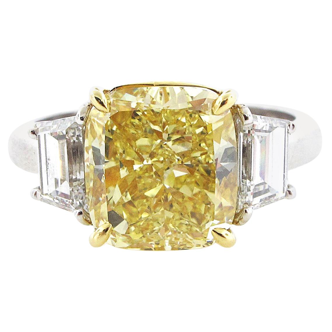 GIA Certified 4.02 Carat Fancy Yellow Cushion Cut Diamond Engagement Ring