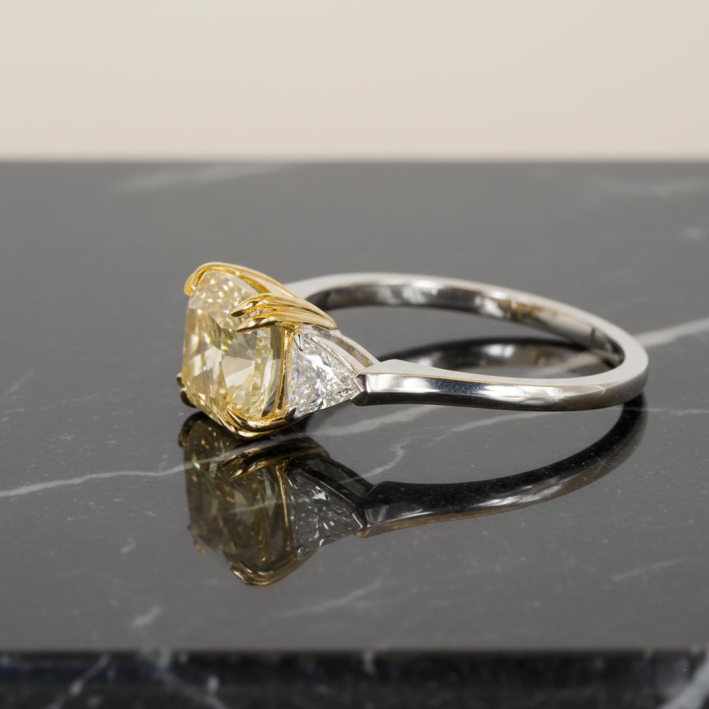 Taille coussin Bague diamant taille coussin certifié GIA 4,02 carats jaune fantaisie VS2 Clarity en vente