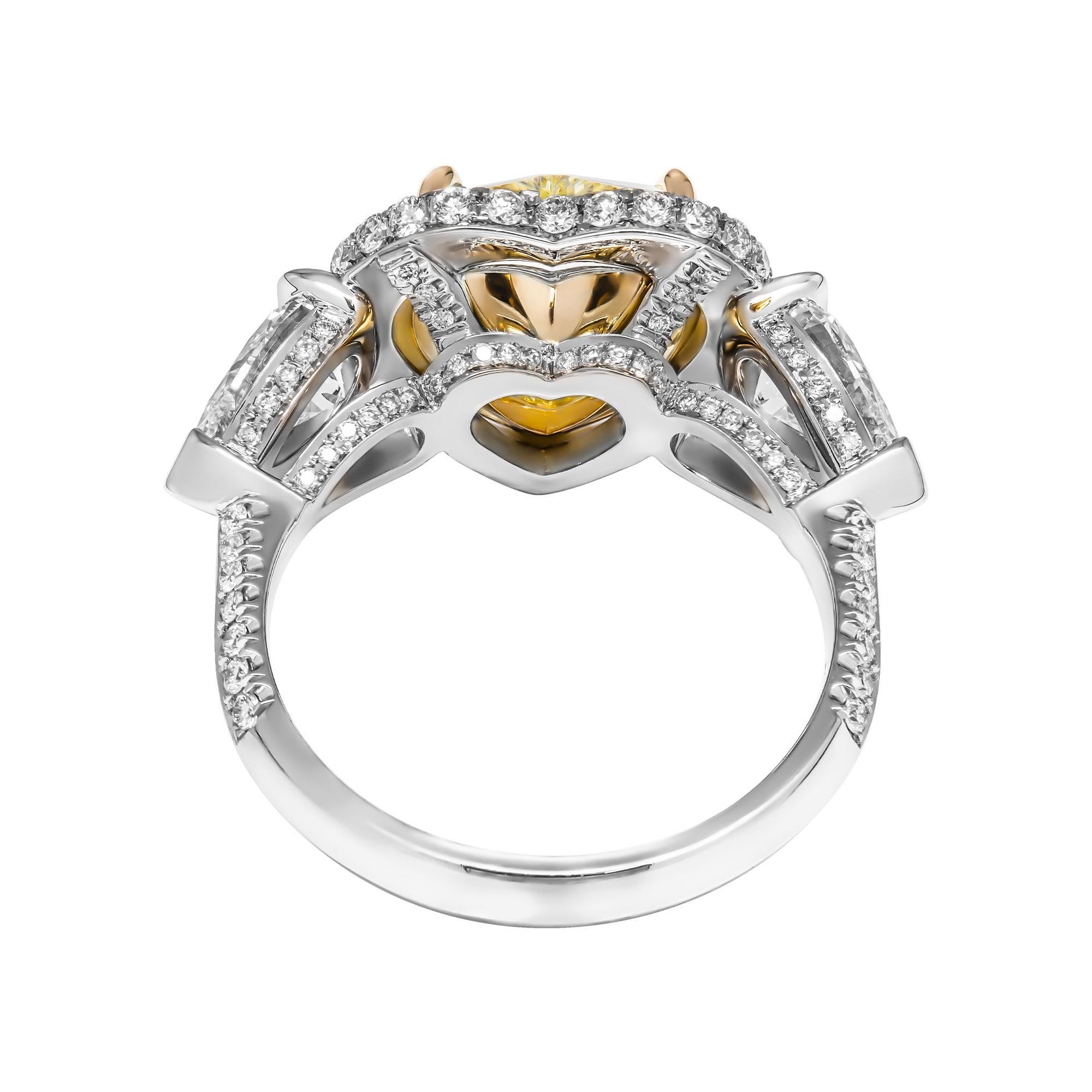 Heart Cut GIA Certified 4.02 Carat Fancy Yellow Heart Shape Three-Stone Ring