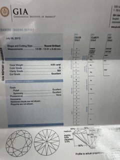 Anello di fidanzamento con diamante rotondo naturale certificato GIA da 4,02 carati G SI2 Ex Cut None