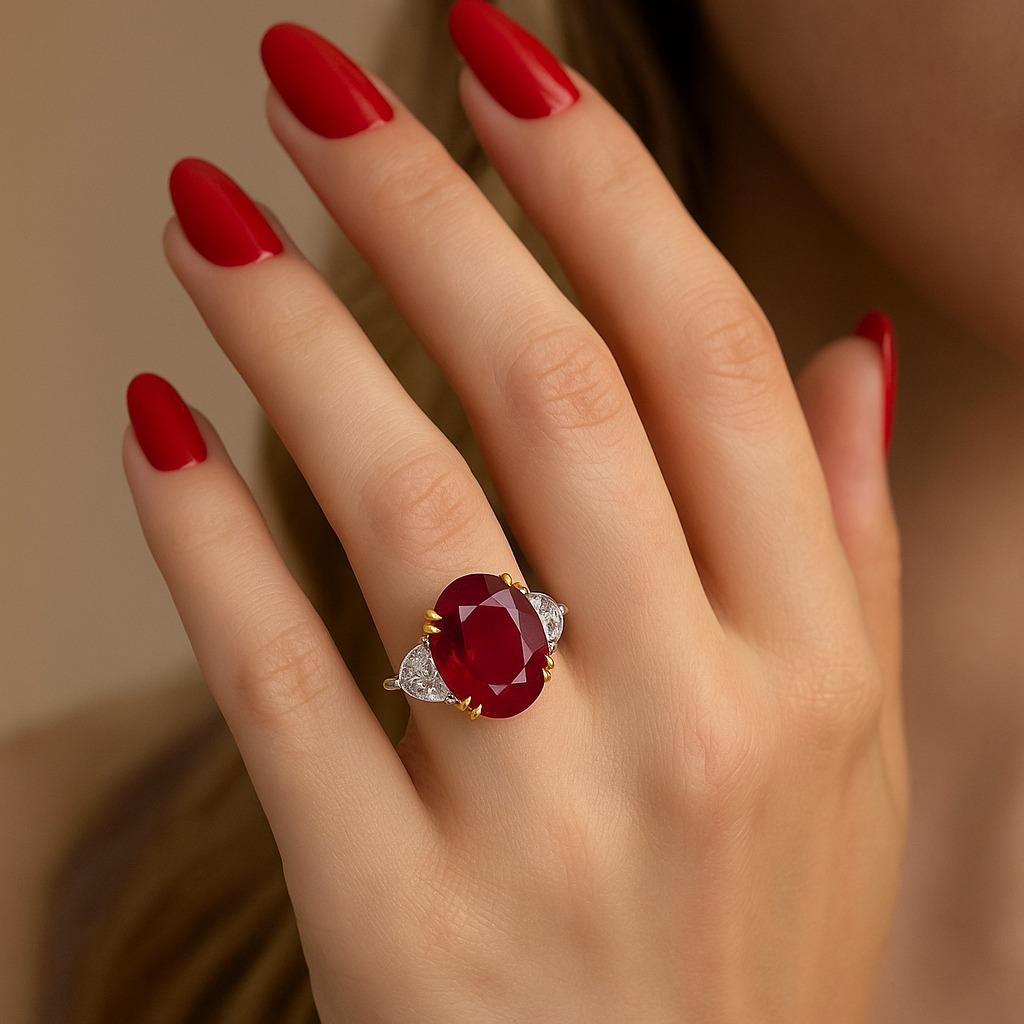 GIA Certified 4.02 Carat Madagascar Ruby and Diamond Ring in 18K Yellow Gold & Platinum

This extraordinary ring features a rare 4.02 carat intense red ruby from Madagascar, certified by C. Dunaigre, Switzerland. The gemstone displays a vivid,