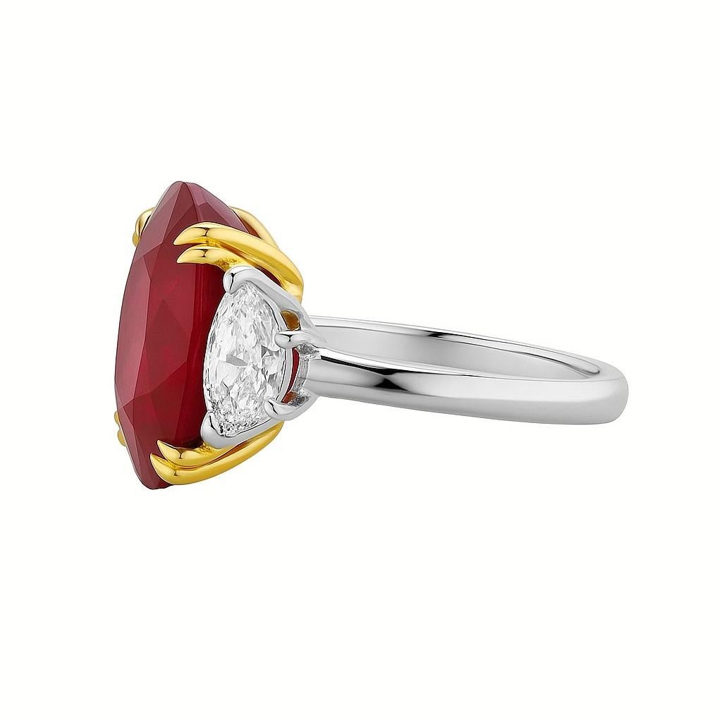 Oval Cut GIA Certified 4.02 Carat Madagascar Ruby and Diamond Ring in 18K Yellow Gold For Sale