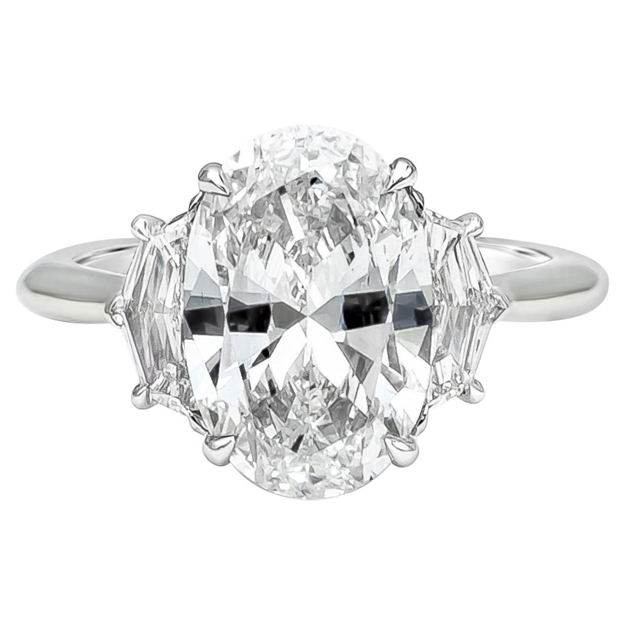GIA Certified 4.02 Carat Oval Cut Diamond Three-Stone Engagement Ring