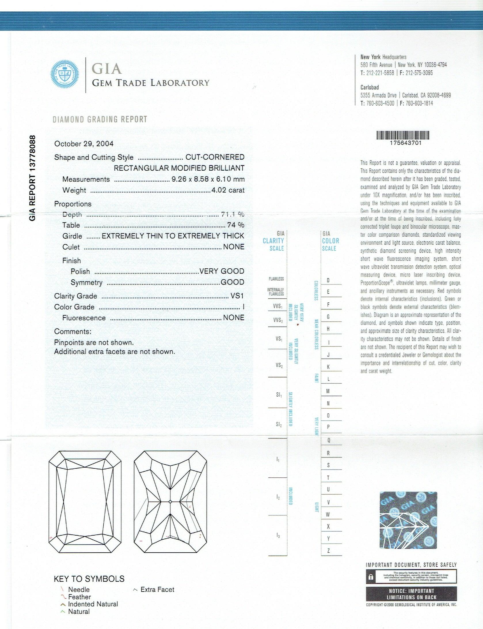 Artisan Platinum GIA Certified 4.02 Carat Radiant Cut and Baguette Diamond Ring 