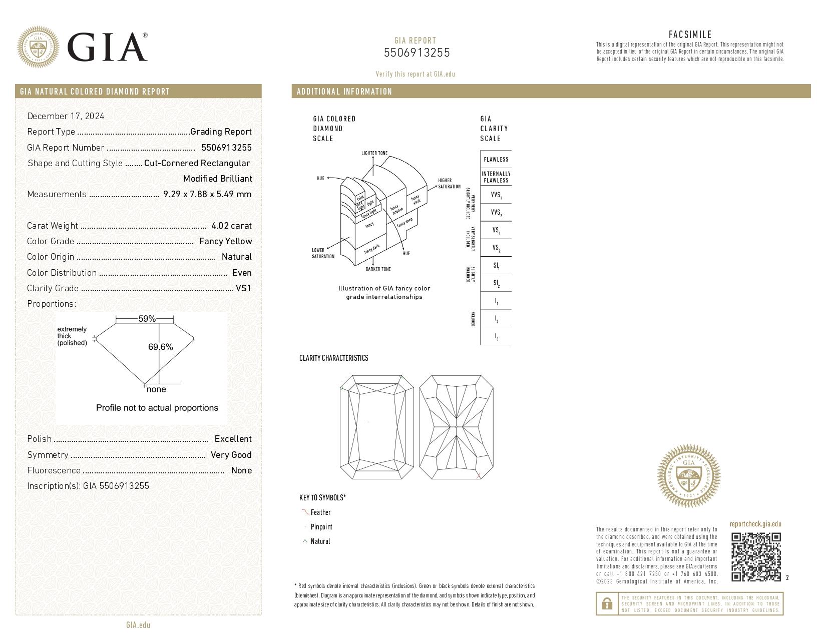 Anello con diamante a taglio radiante certificato GIA da 4,04 carati giallo VS1 In condizioni Nuovo in vendita a Chicago, IL