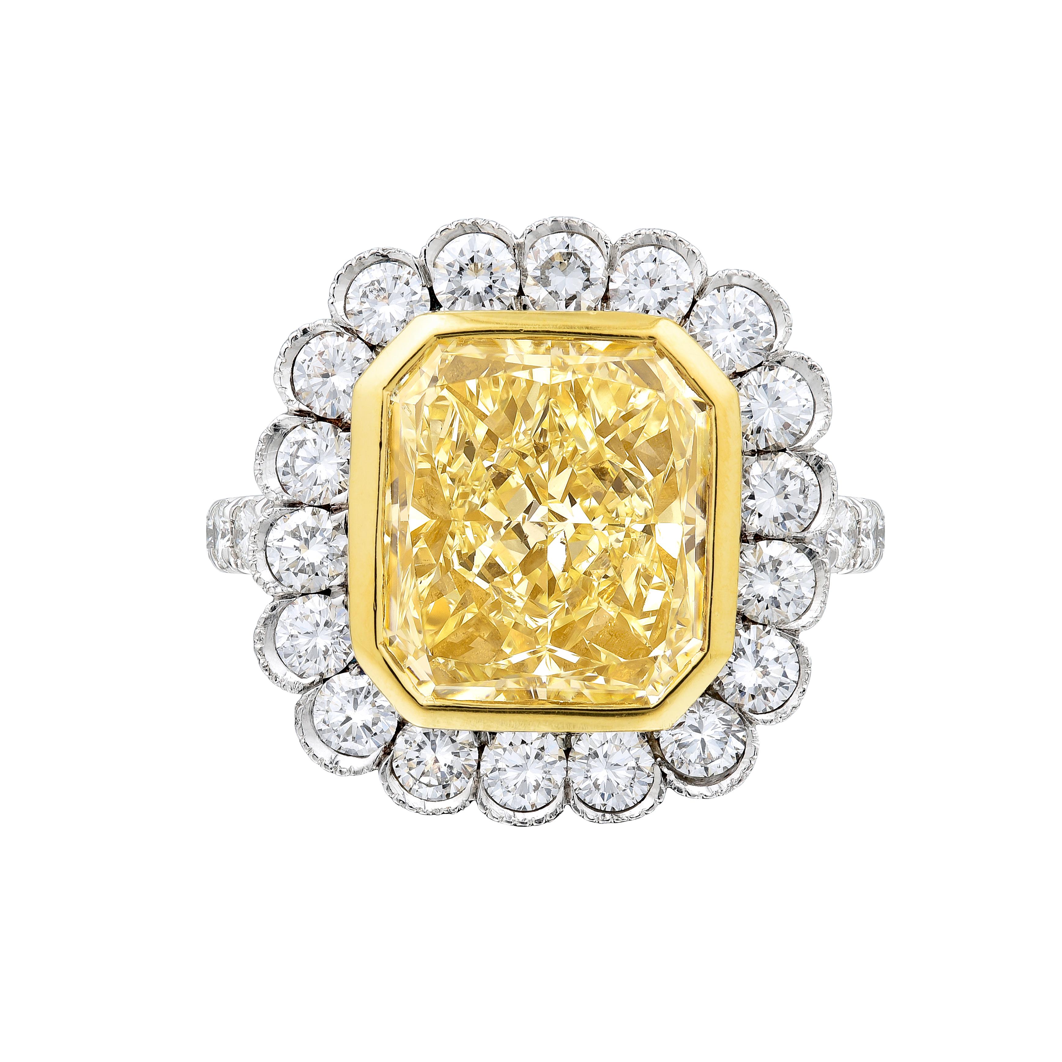 GIA Certified 4.02 Carat Radiant Fancy Yellow Diamond Engagement Platinum Ring