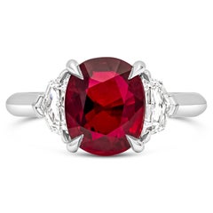 GIA Certified 4.02 Carats Cushion Cut Ruby & Diamond Three-Stone Engagement Ring