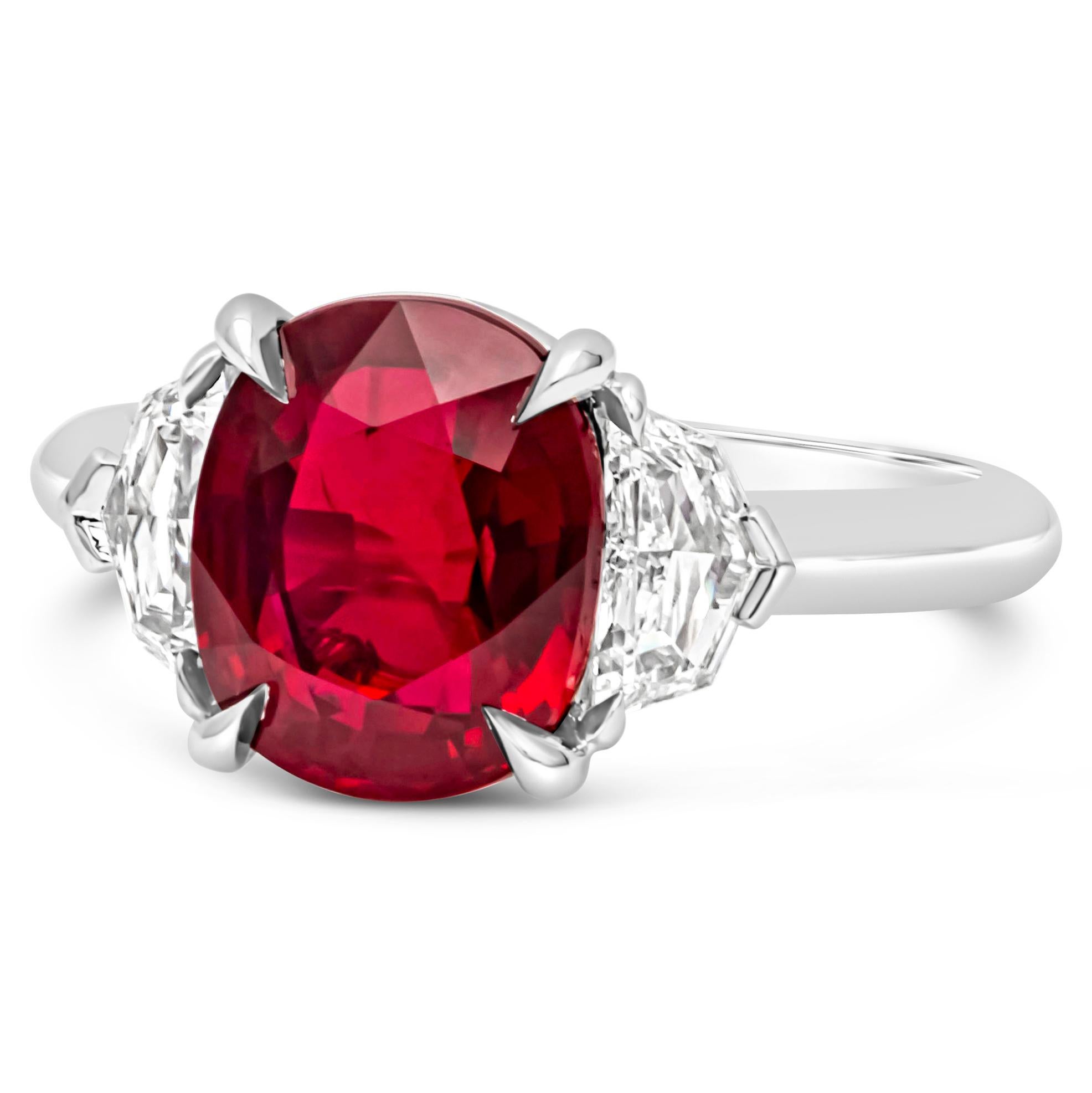 Contemporary GIA Certified 4.02 Carats Cushion Cut Ruby & Diamond Three Stone Ring For Sale