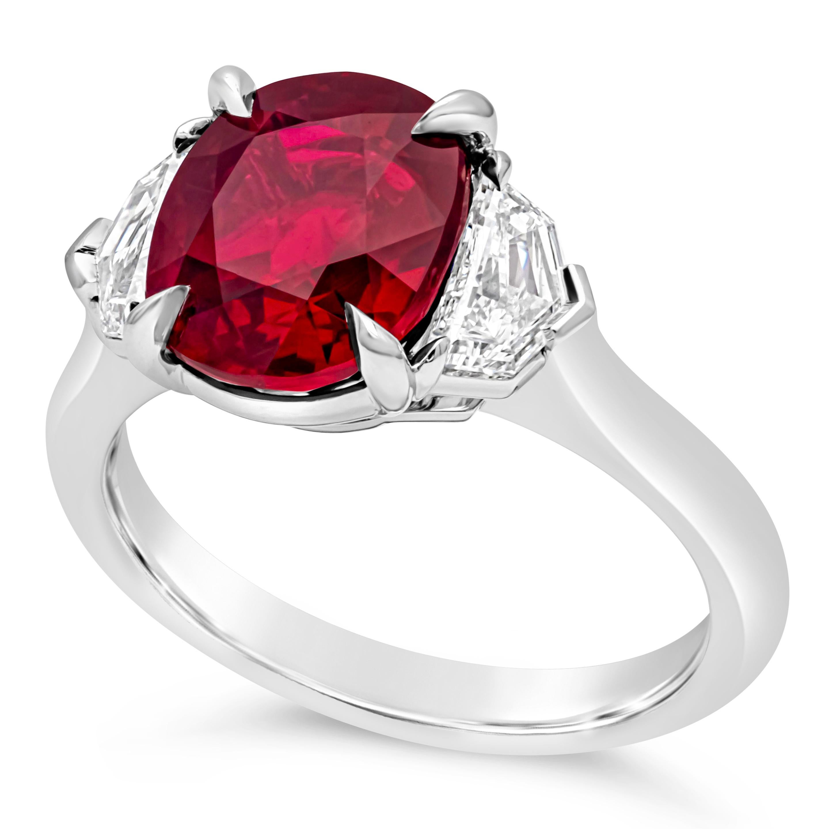 GIA Certified 4.02 Carats Cushion Cut Ruby & Diamond Three Stone Ring In New Condition For Sale In New York, NY