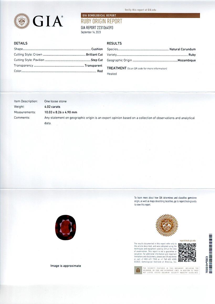 GIA Certified 4.02 Carats Cushion Cut Ruby & Diamond Three Stone Ring (bague à trois pierres avec rubis et diamants) en vente 3