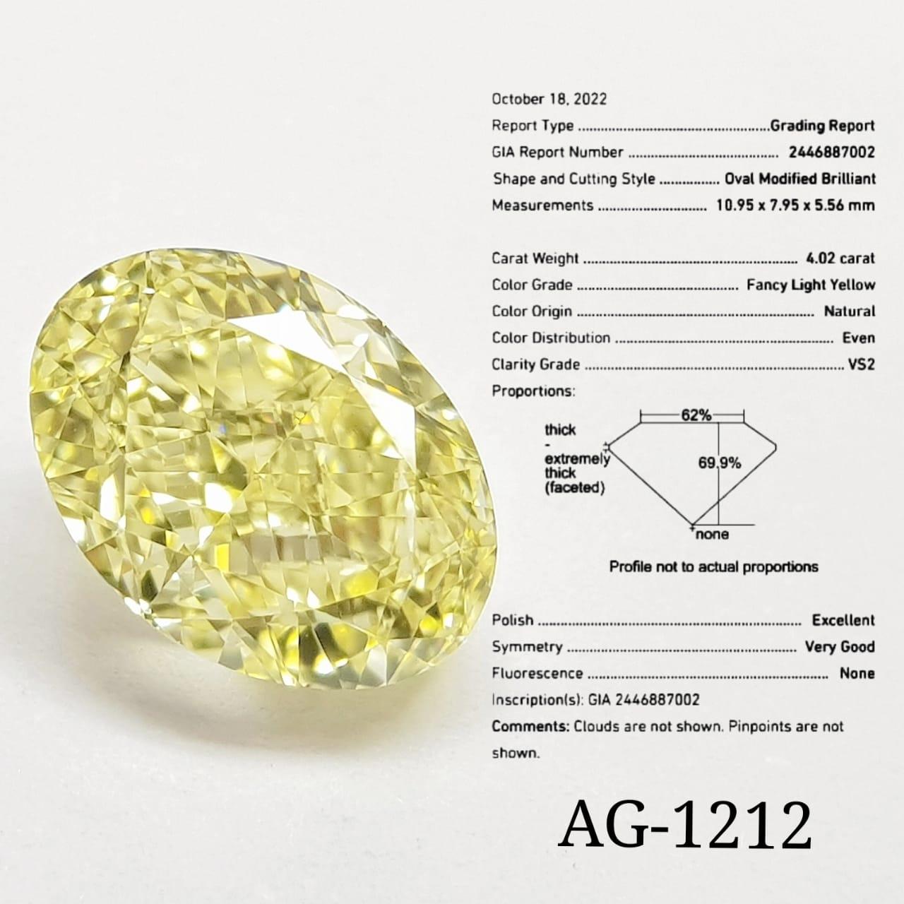 Amazing GIA certified 4,02 carats of natural fancy light yellow diamond , VS2 clarity.

Complete with GIA report.
Whosale price.