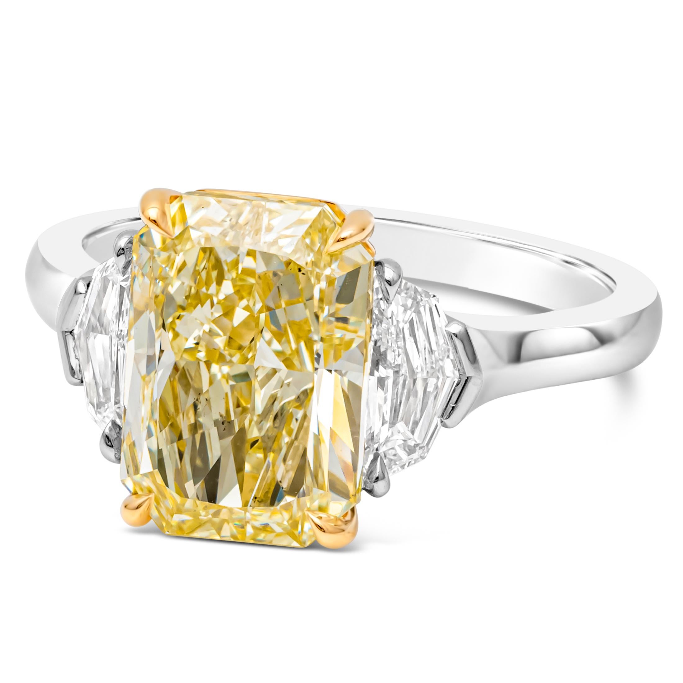 Contemporary GIA Certified 4.02 Carats Radiant Cut Yellow Diamond Ring For Sale