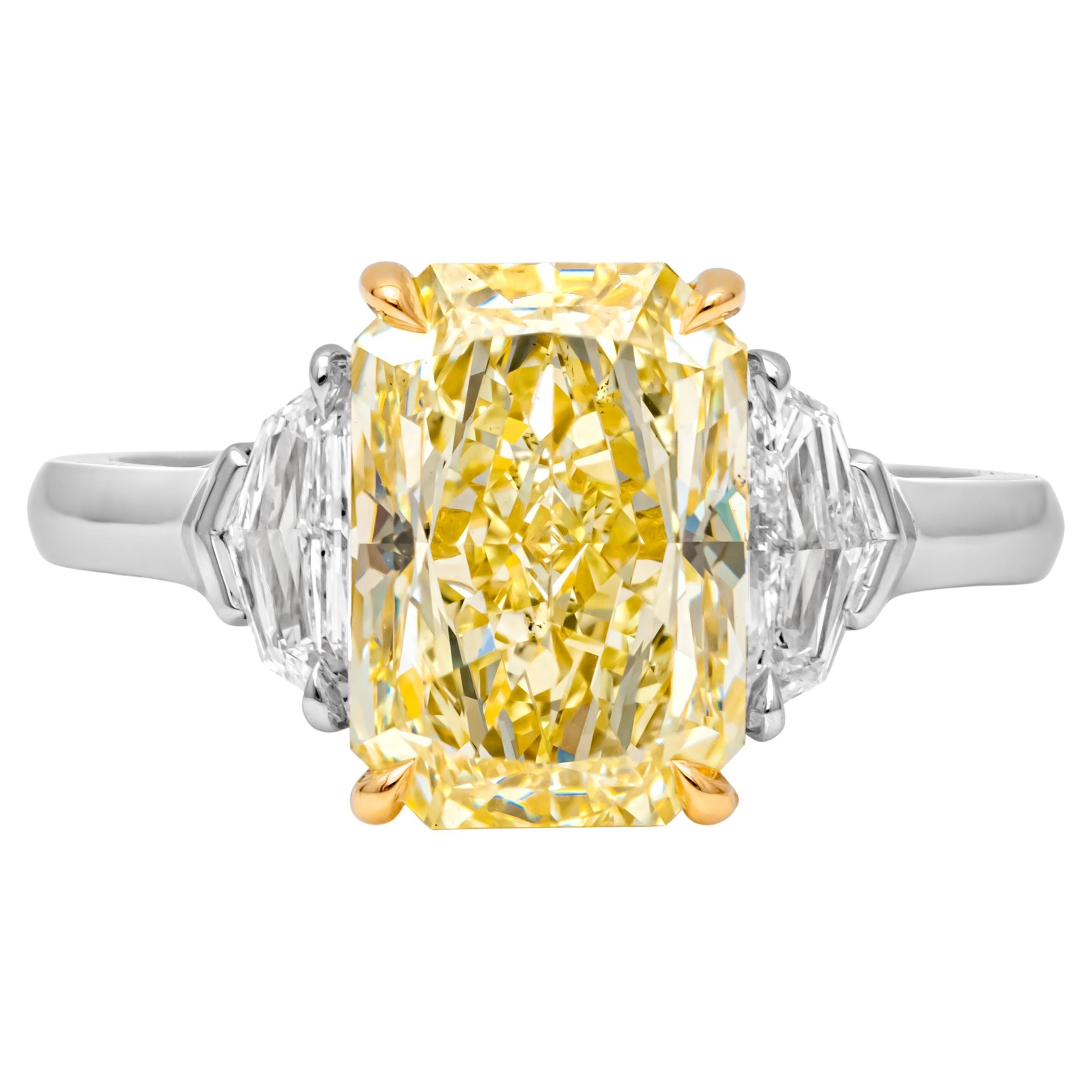 GIA Certified 4.02 Carats Radiant Cut Yellow Diamond Ring For Sale