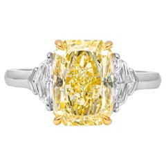 GIA Certified 4.02 Carats Radiant Cut Yellow Diamond Three-Stone Engagement Ring
