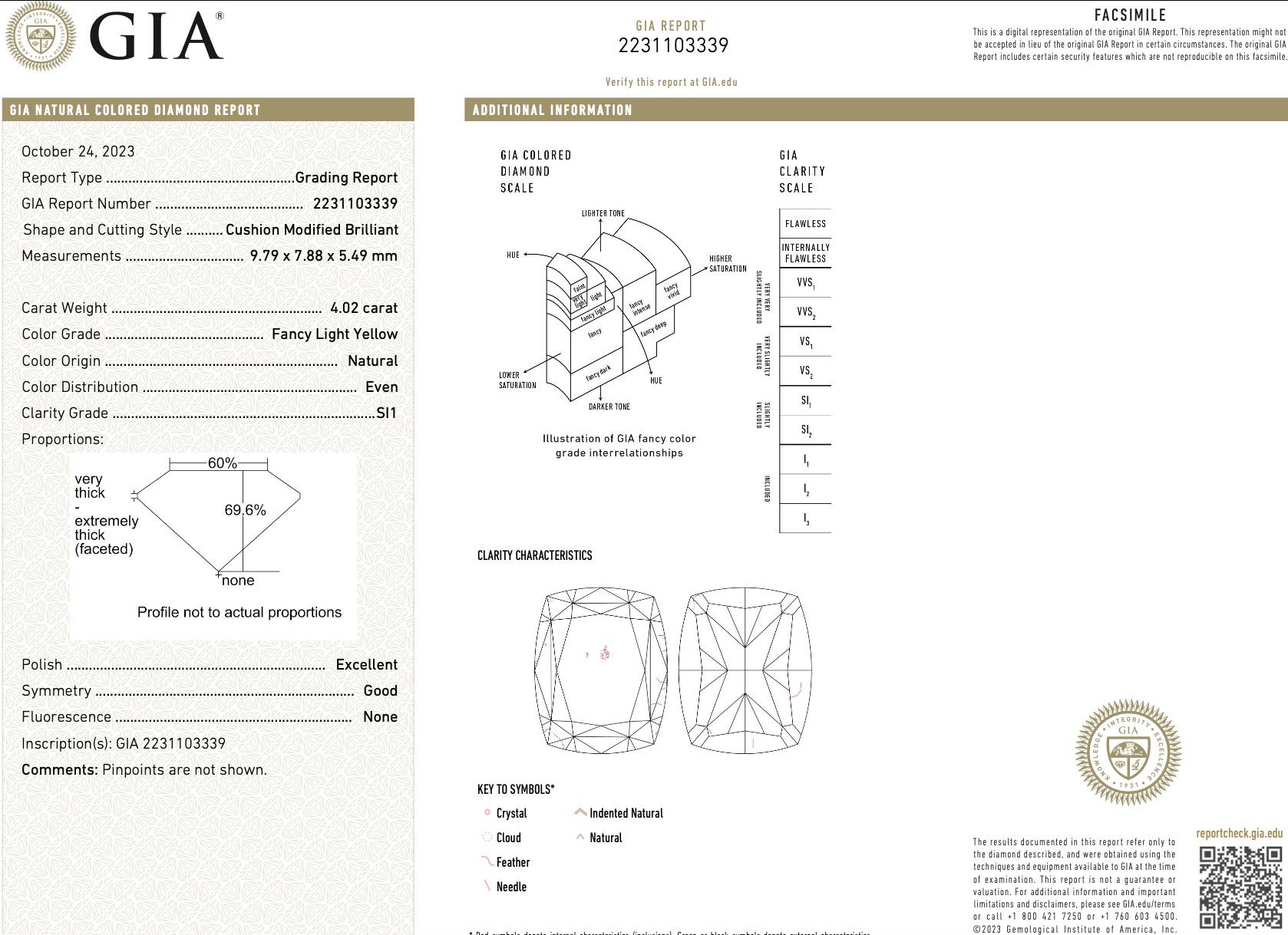 Women's GIA Certified 4.02 Cushion Cut Yellow Diamond Three Stone Ring For Sale