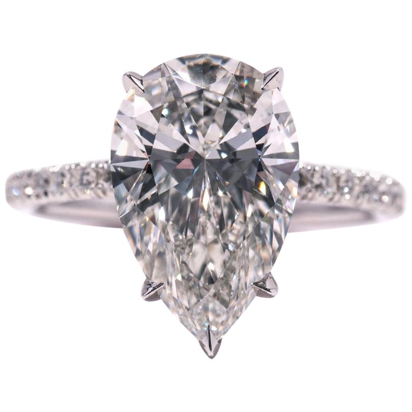 GIA Certified 4.02 Pear HSI1 EXEX Diamond Engagement Ring For Sale