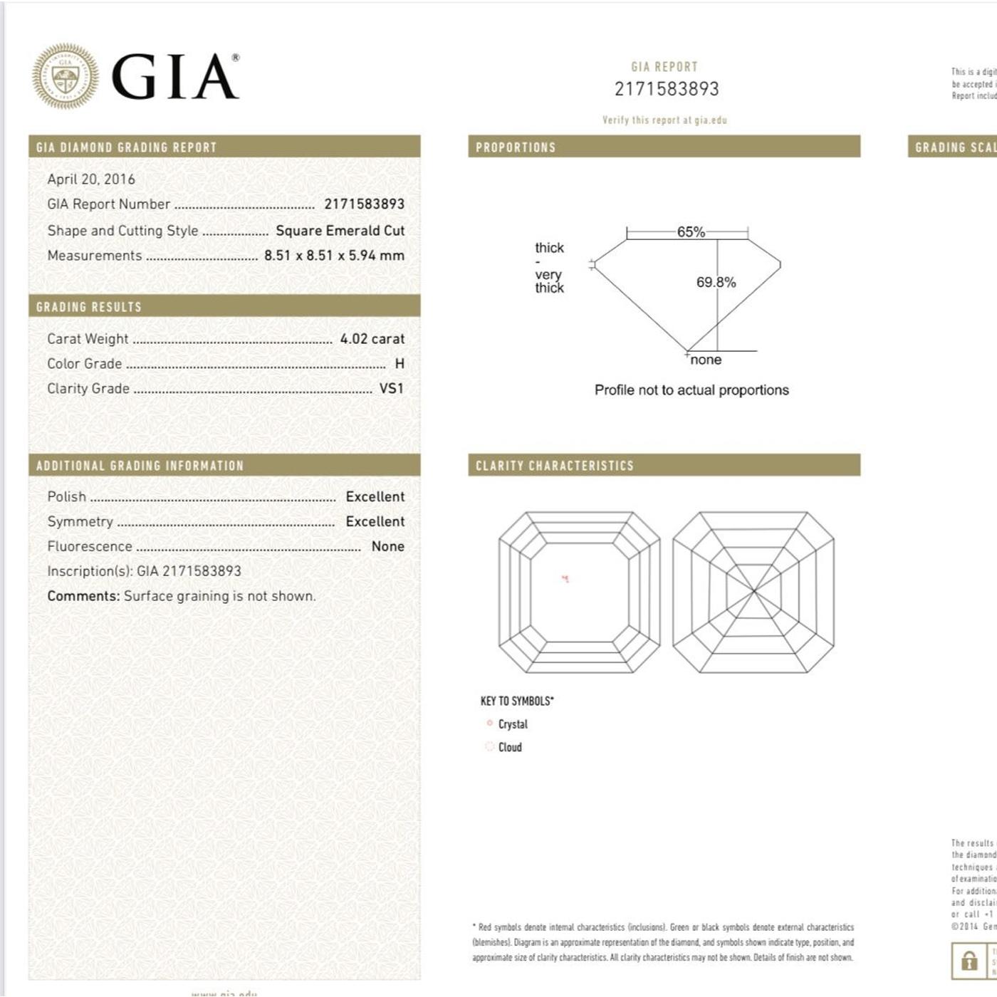 GIA Certified 4.02ct Asscher Cut Diamond VS1 Clarity H Color Platinum Ring For Sale 1