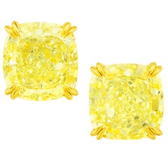GIA Certified 4.03 & 4.02 Carat Fancy Yellow Diamond Stud Earrings