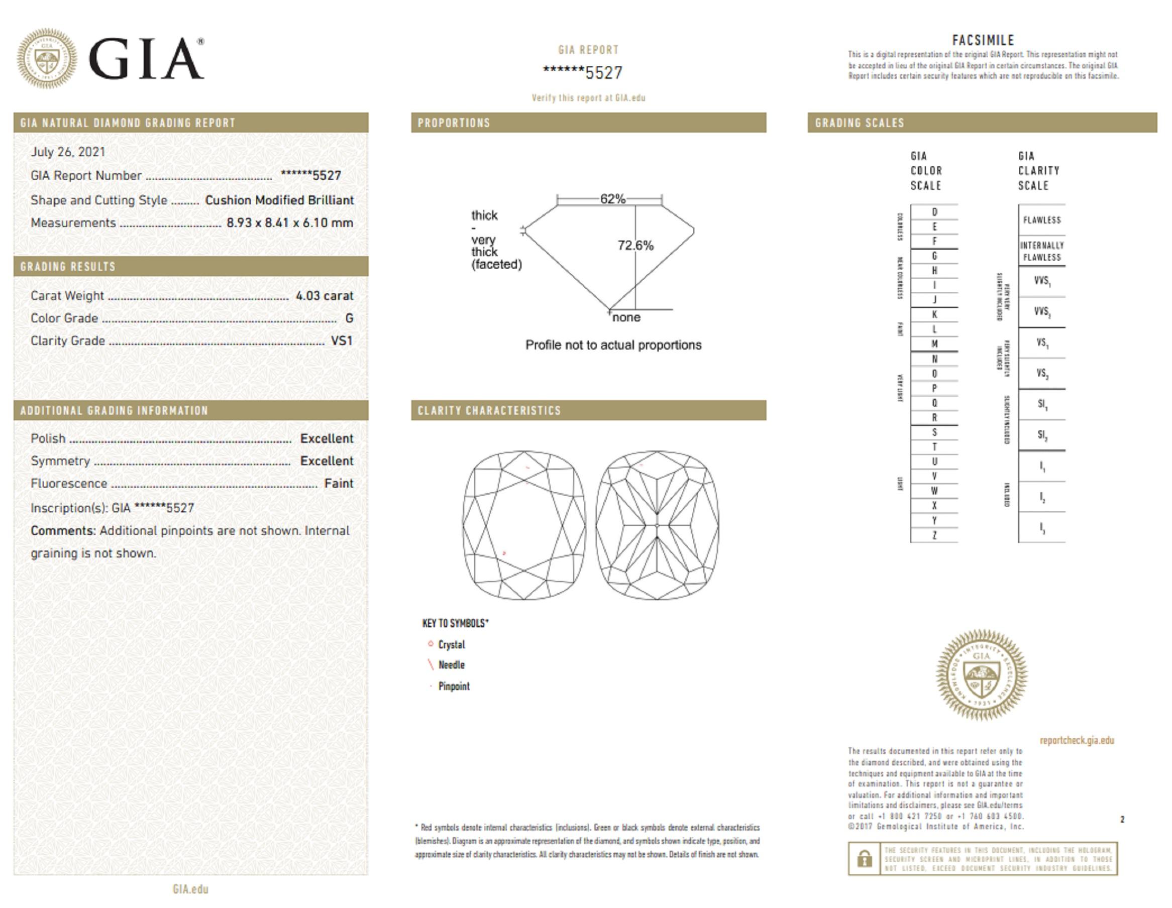 Modern GIA Certified 4.03 Carat Cushion Cut Diamond Excellent Cut