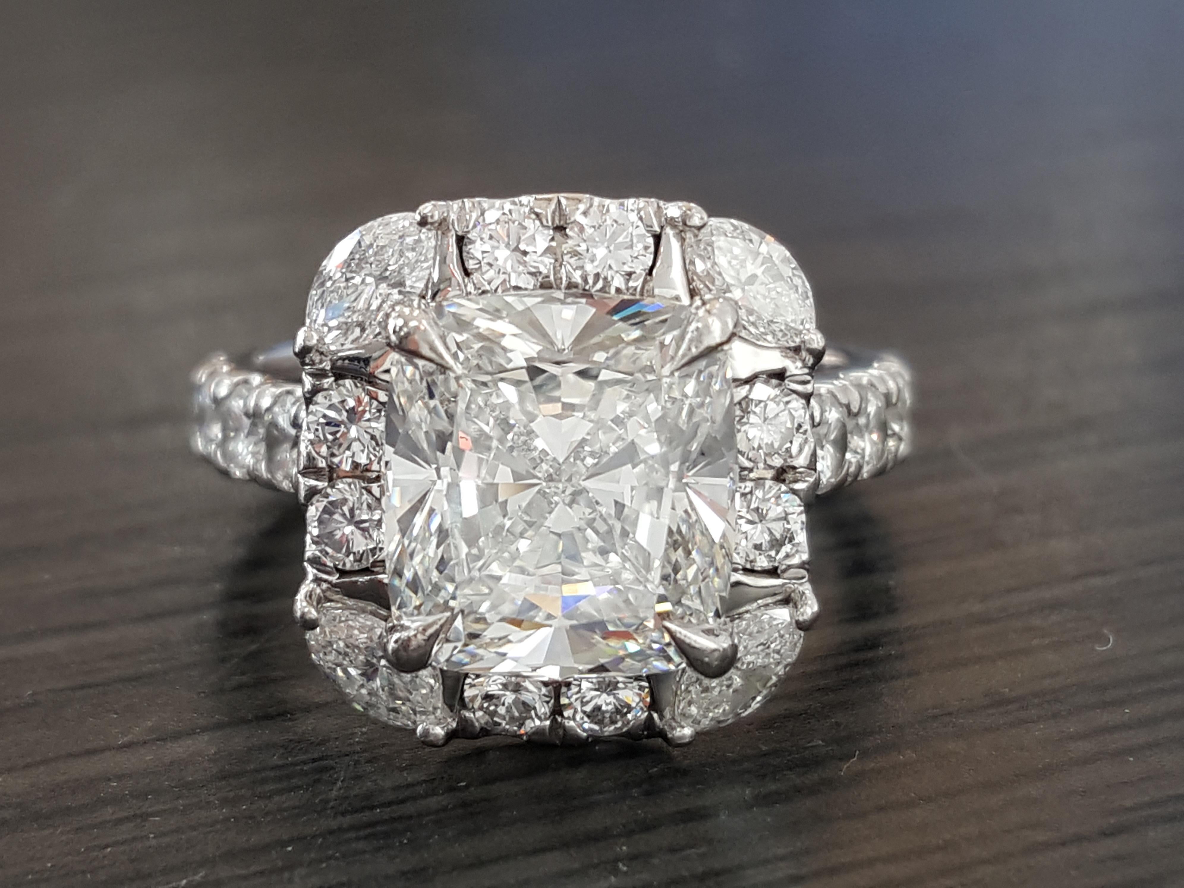 GIA Certified 4.03 Carat Cushion Cut Diamond Platinum Halo Engagement Ring 5