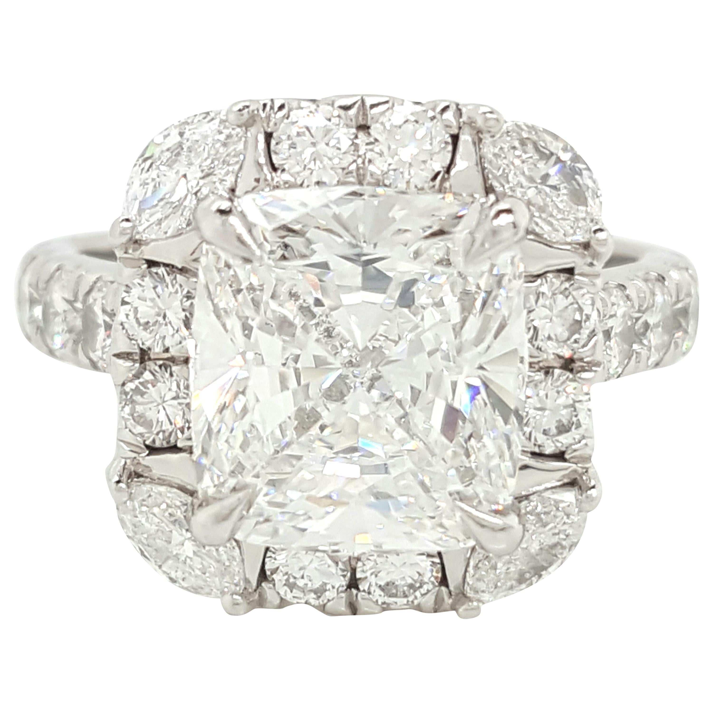 GIA Certified 4.03 Carat Cushion Cut Diamond Platinum Halo Engagement Ring