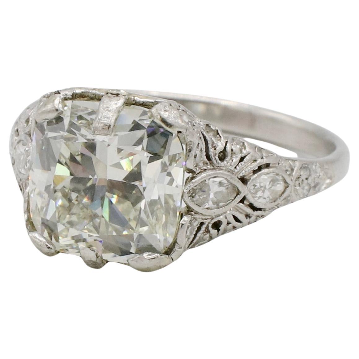 Women's GIA Certified 4.03 Carat Cushion Natural Diamond Art Deco Engagement Ring