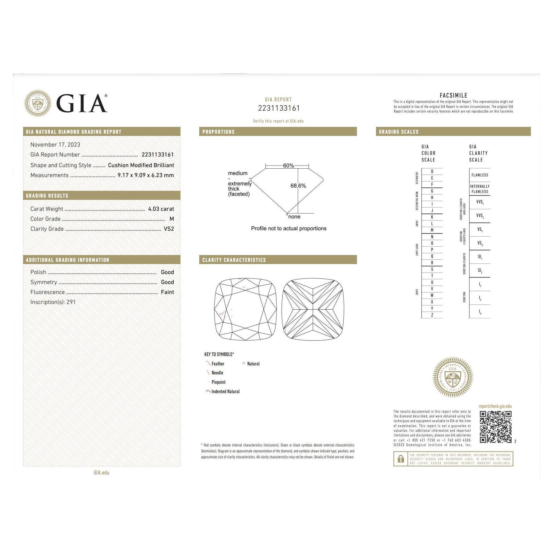 GIA Certified 4.03 Carat Cushion Natural Diamond Art Deco Engagement Ring 3