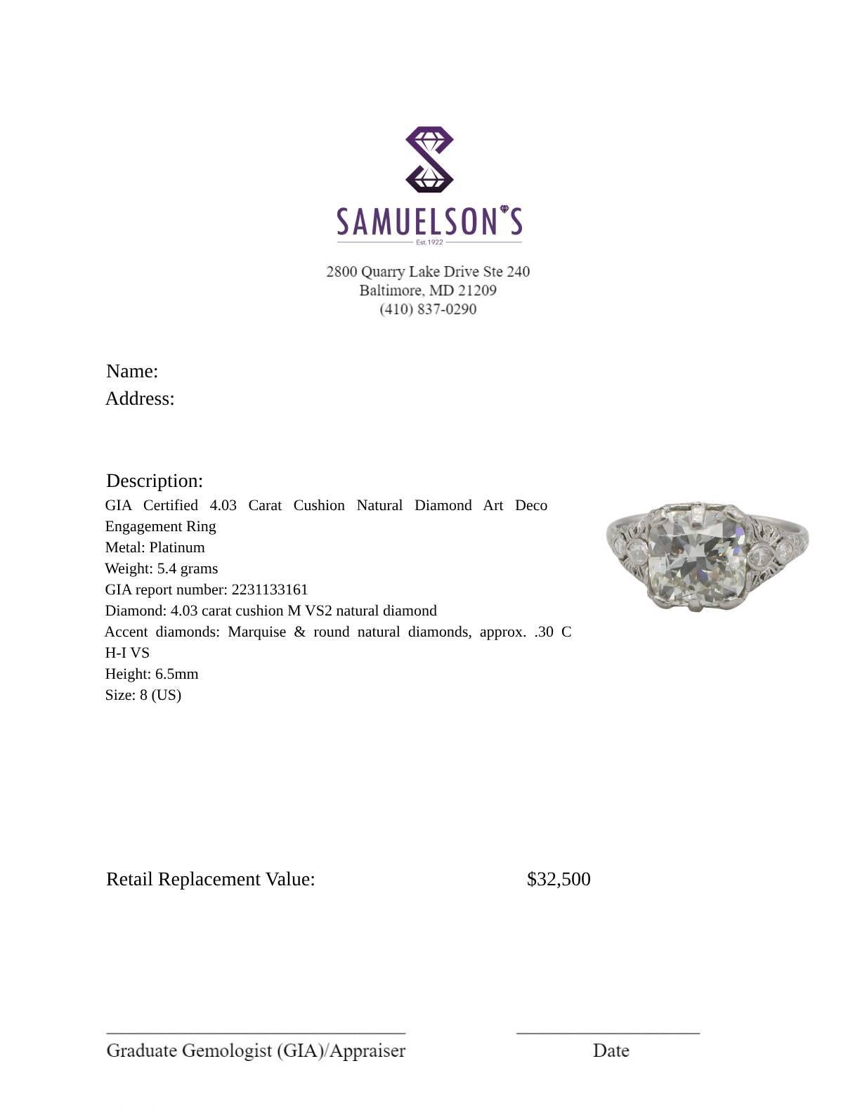 GIA Certified 4.03 Carat Cushion Natural Diamond Art Deco Engagement Ring 4