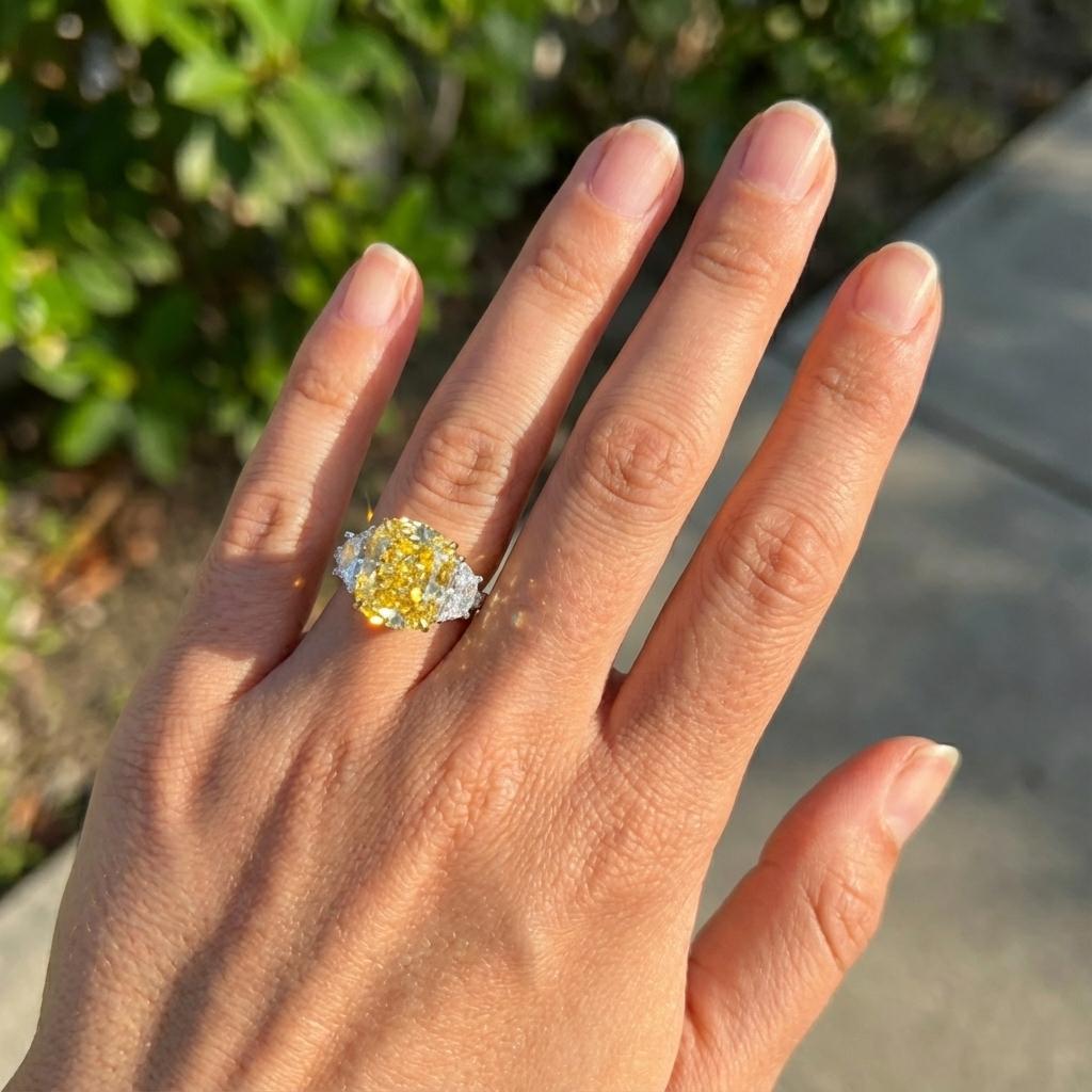 Ein 4,03-Karat-Diamant mit GIA-Zertifikat in intensivem Gelb, kissenförmig modifizierter Brillant, der mit einem satten, natürlichen Goldton leuchtet und mit VS1 für außergewöhnliche Klarheit bewertet wurde. Seine wunderbar gleichmäßige