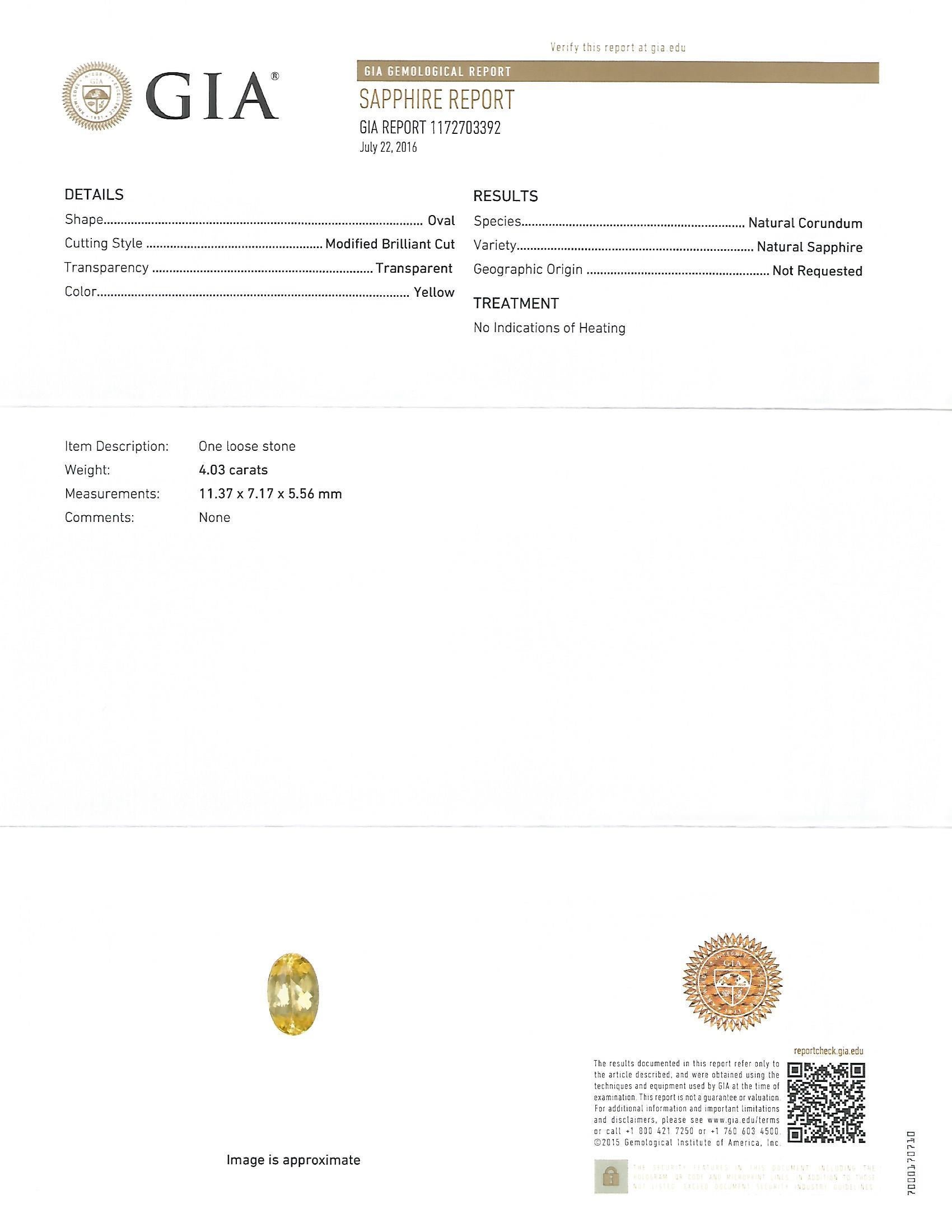 Verlobungsring mit GIA-zertifiziertem 4,03 Karat natürlichem gelbem Saphir und Diamant-Halo Damen im Angebot