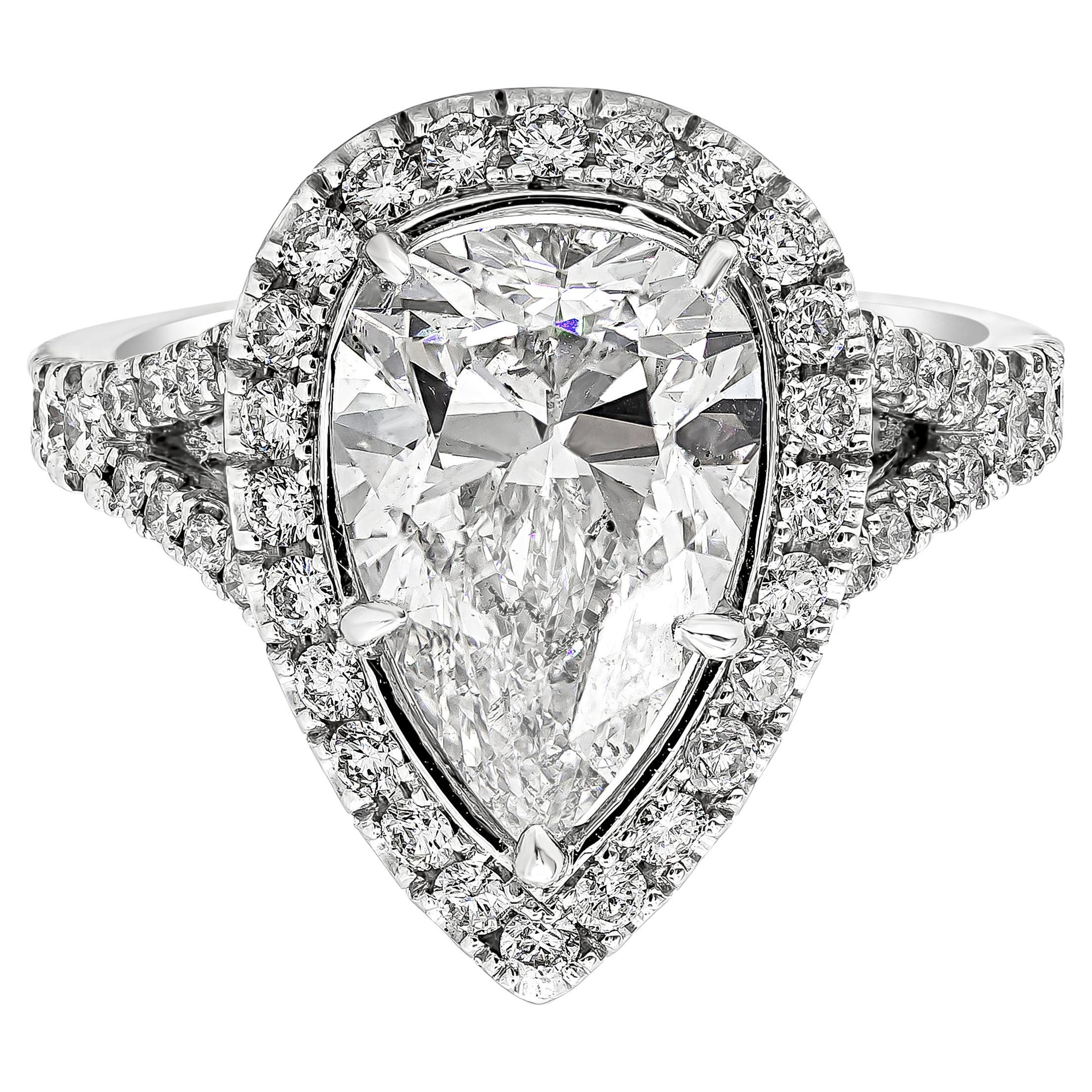 GIA Certified 4.03 Carat Pear Shape Diamond Halo Split-Shank Engagement Ring For Sale