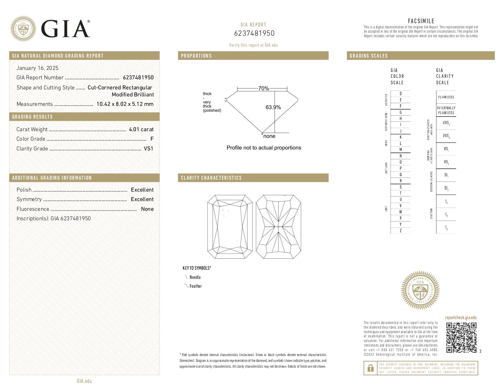 Women's or Men's GIA Certified 4.01 Carat Radiant Cut Diamond F Color Ring in 18K White Gold For Sale