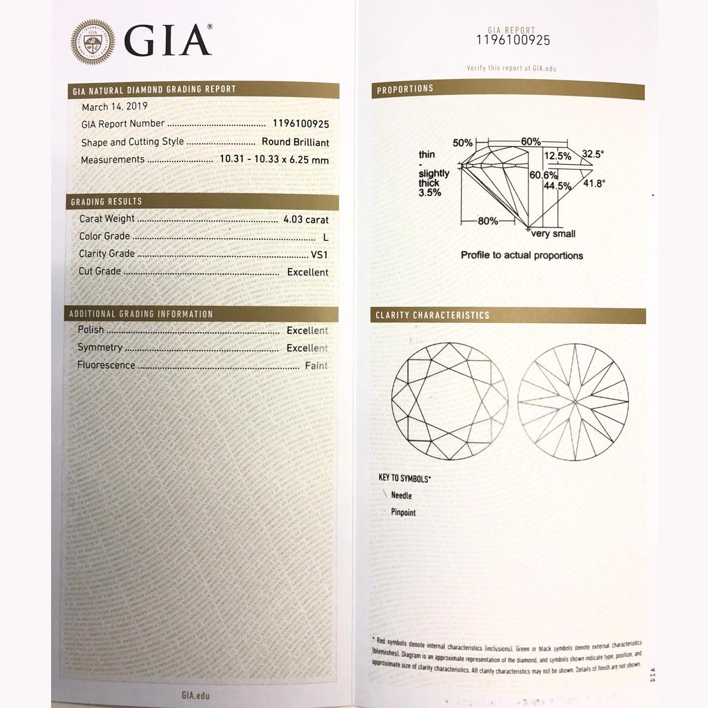 4.03 Carat GIA Certified Round Brilliant Cut Diamond Platinum Engagement Ring 1