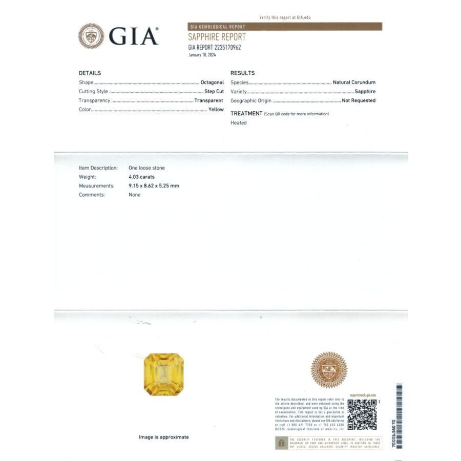 Introducing a natural Yellow Sapphire weighing 4.03 carats, accompanied by a GIA Report for authenticity. The octagonal-shaped gem, measuring 9.15 x 8.62 x 5.25 mm, showcases a Brilliant/Step cut, combining faceted brilliance with geometric step