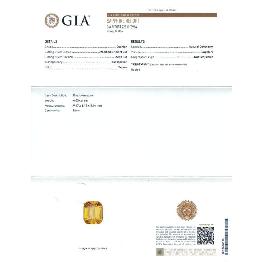 Presenting a natural Yellow Sapphire weighing 4.03 carats, accompanied by a GIA Report for authenticity. The cushion-shaped gem, measuring 9.47 x 8.15 x 5.16 mm, features a Brilliant/Step cut, combining faceted brilliance with geometric step cuts.