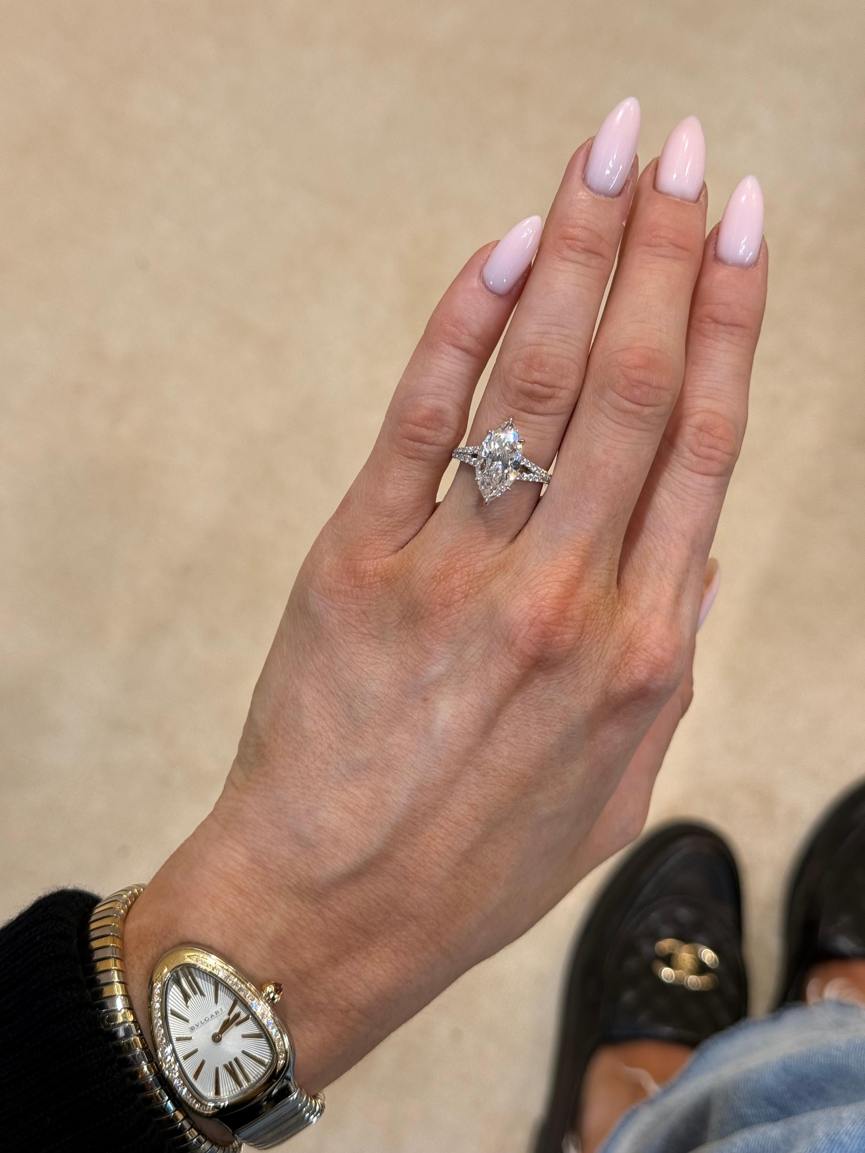 GIA Certified 4.03ct Split Band Marquise Diamond Engagement Ring In New Condition For Sale In Victoria,, AU
