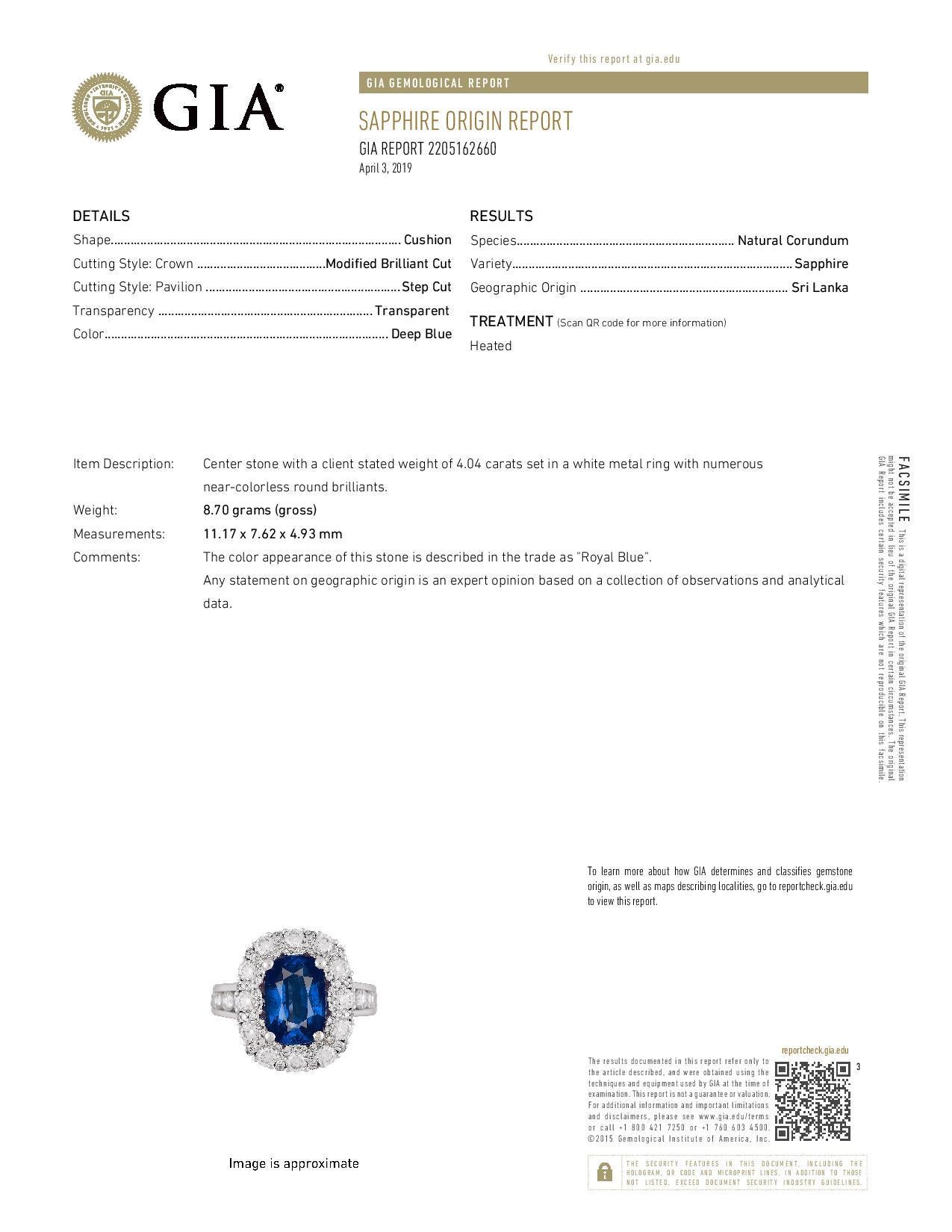 Women's DiamondTown GIA Certified 4.04 Carat Cushion Cut Fine Sapphire Ring