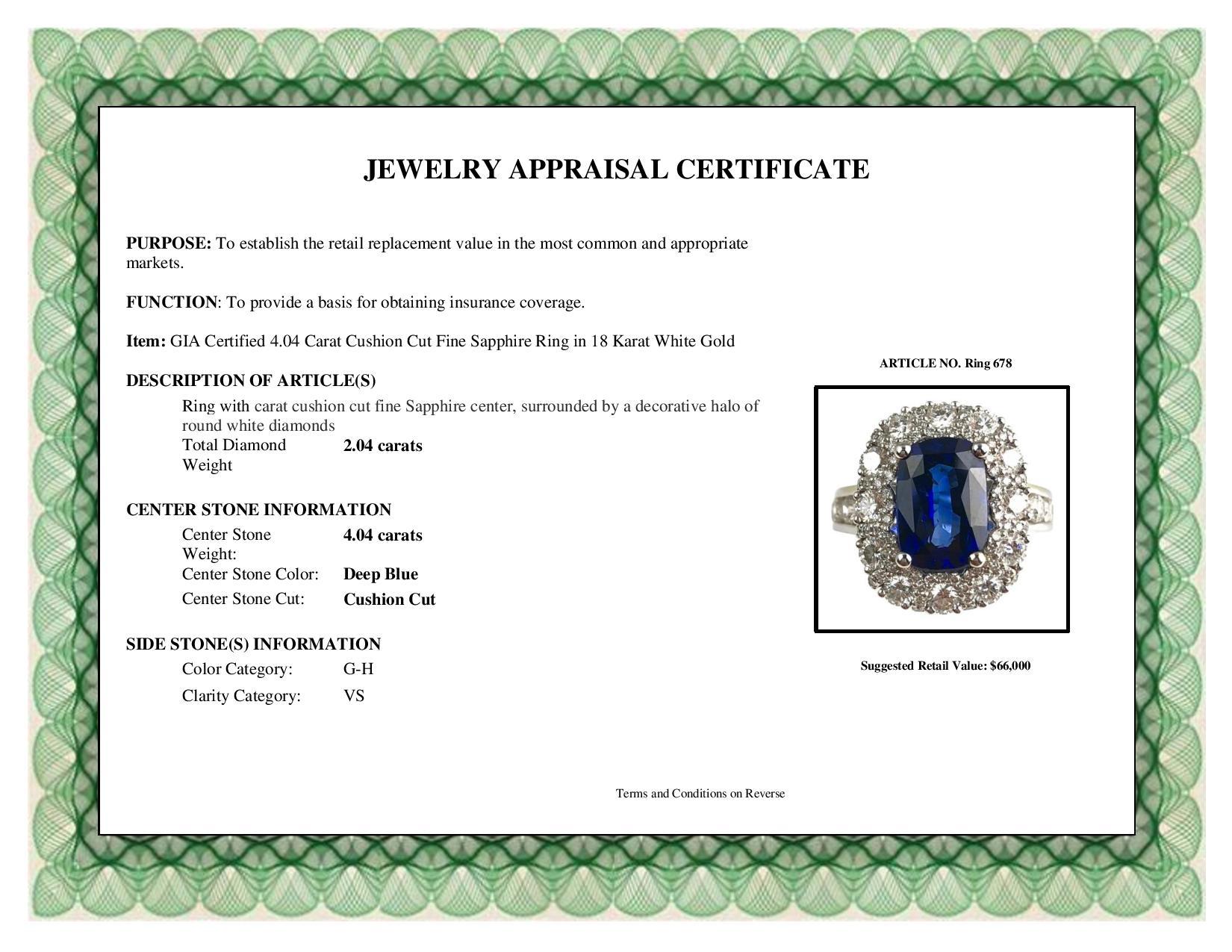 DiamondTown GIA Certified 4.04 Carat Cushion Cut Fine Sapphire Ring 1