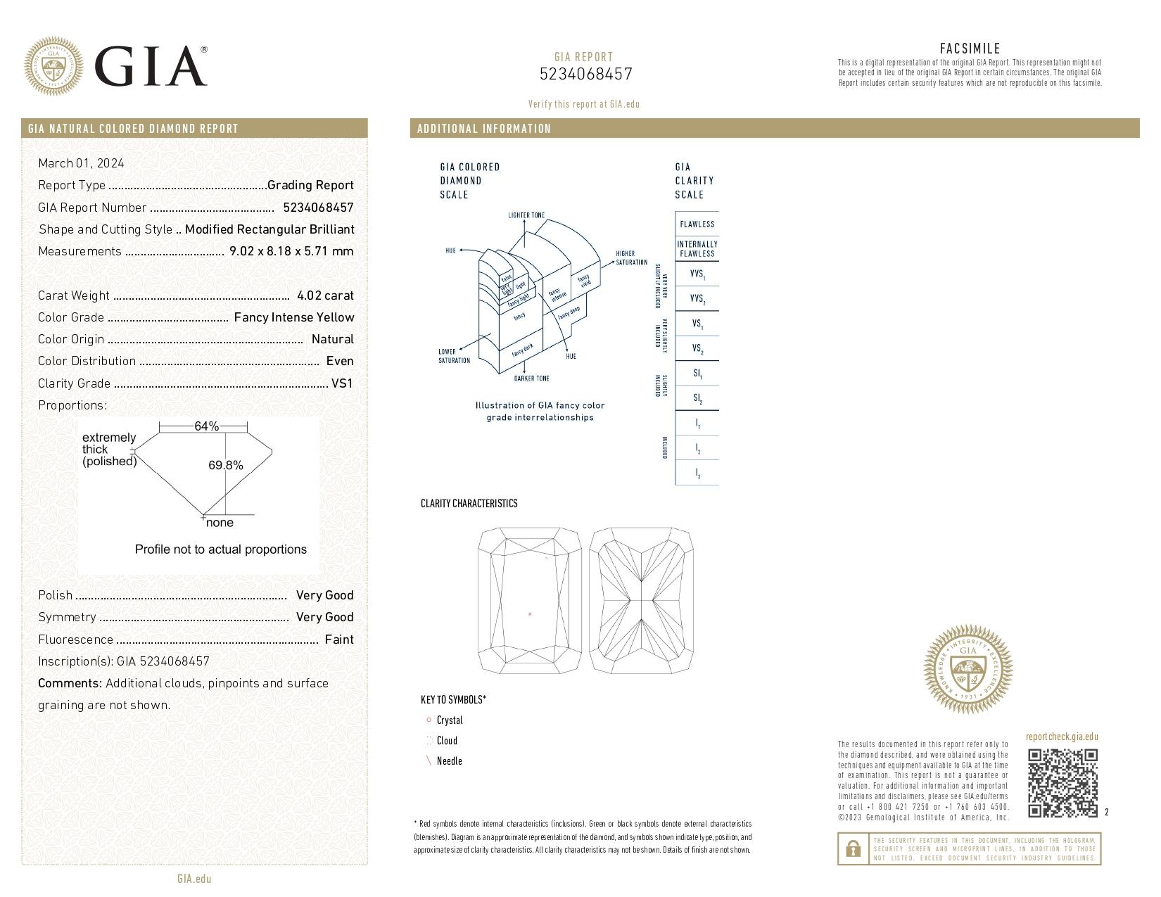 GIA Certified 4.02 Carat Cushion Fancy Intense Yellow Diamond VS1 Clarity Ring In New Condition For Sale In Chicago, IL