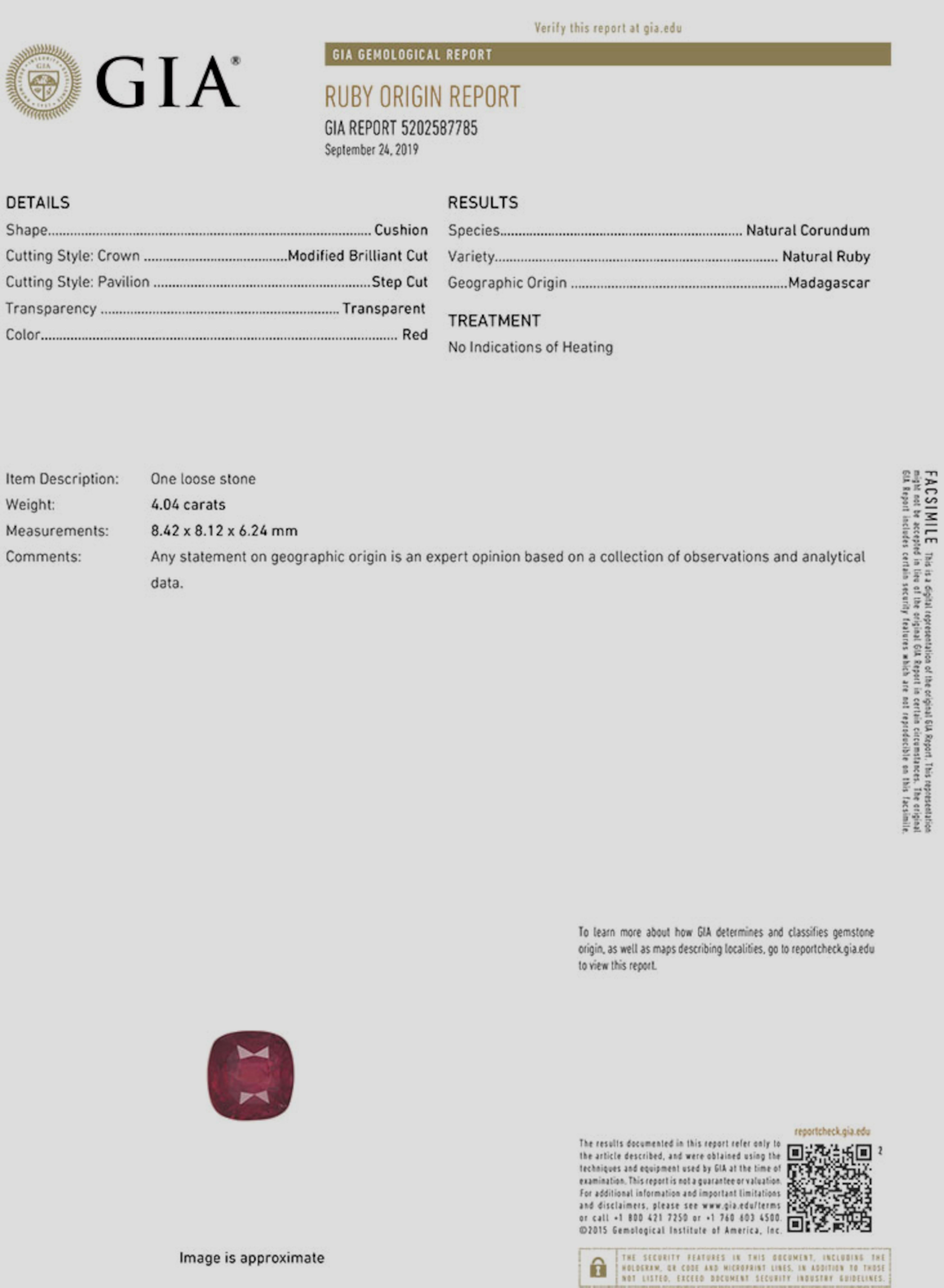 Taglio cuscino Anello con diamante di rubino non riscaldato certificato GIA da 4,04 carati a cuscino in vendita