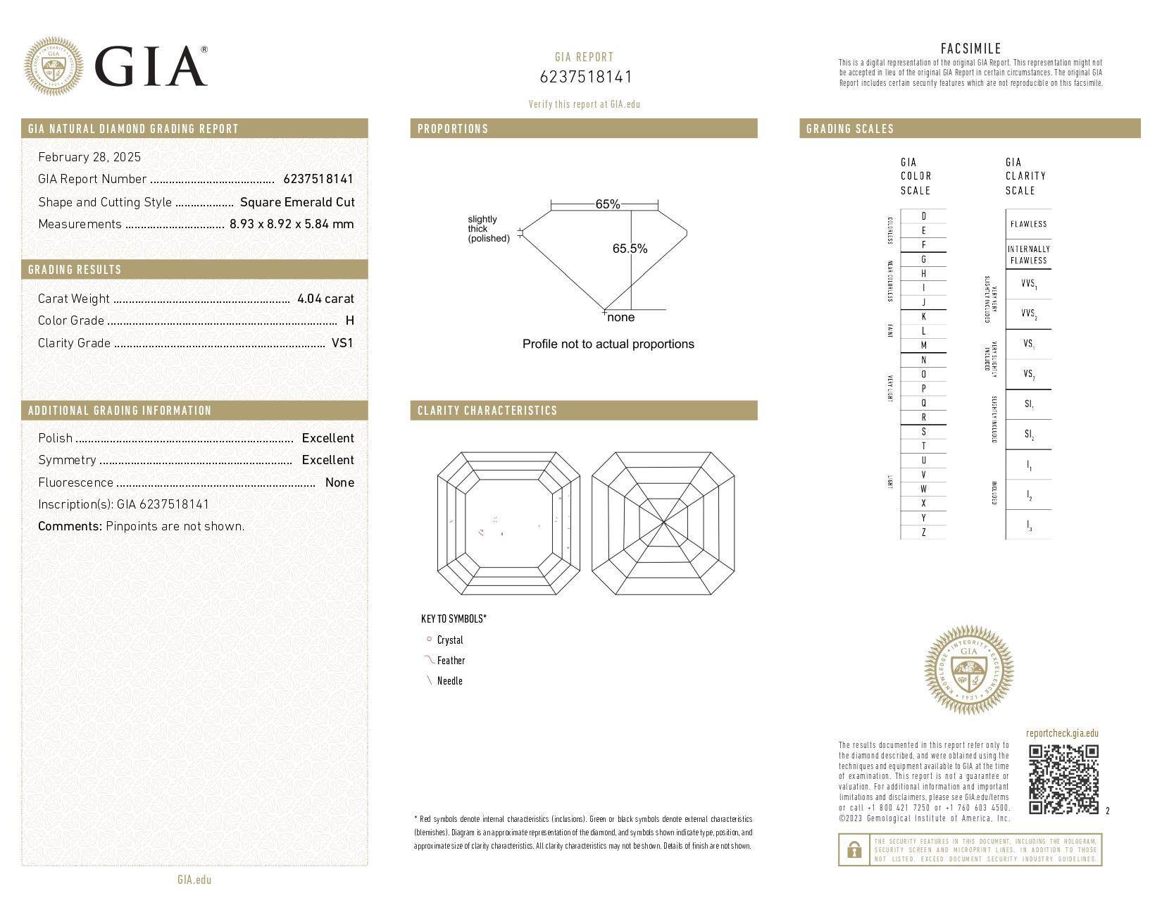 Square Cut GIA Certified 4.04 Carat Cut Diamond H Color Ring in Platinum with trapezoid For Sale