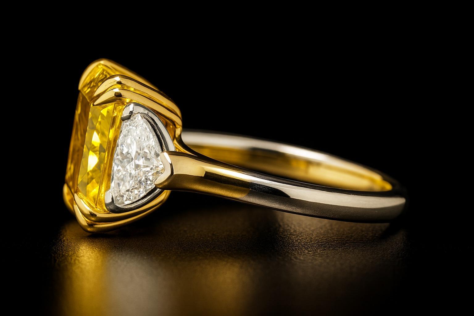 Bague en or jaune et platine certifiée GIA de 4,04 carats avec diamants de taille coussin sans défaut interne et diamants latéraux en trillion

Cette bague exquise est ornée d'un diamant certifié GIA de 4,04 carats de couleur naturelle jaune vif,