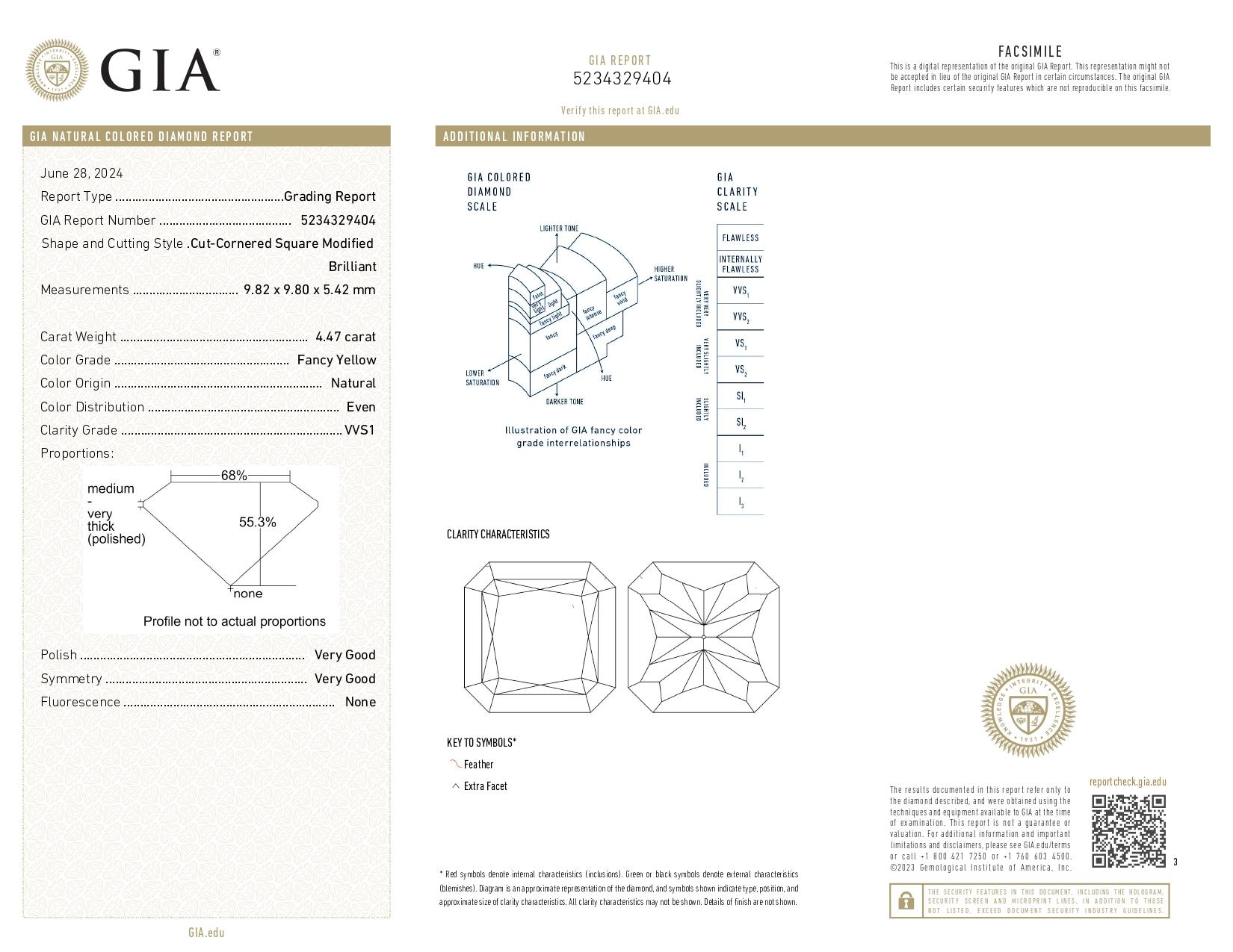 Taille radiant Bague à diamant coussin certifié GIA de 4.04 carats de couleur jaune fantaisie sans défaut interne en vente