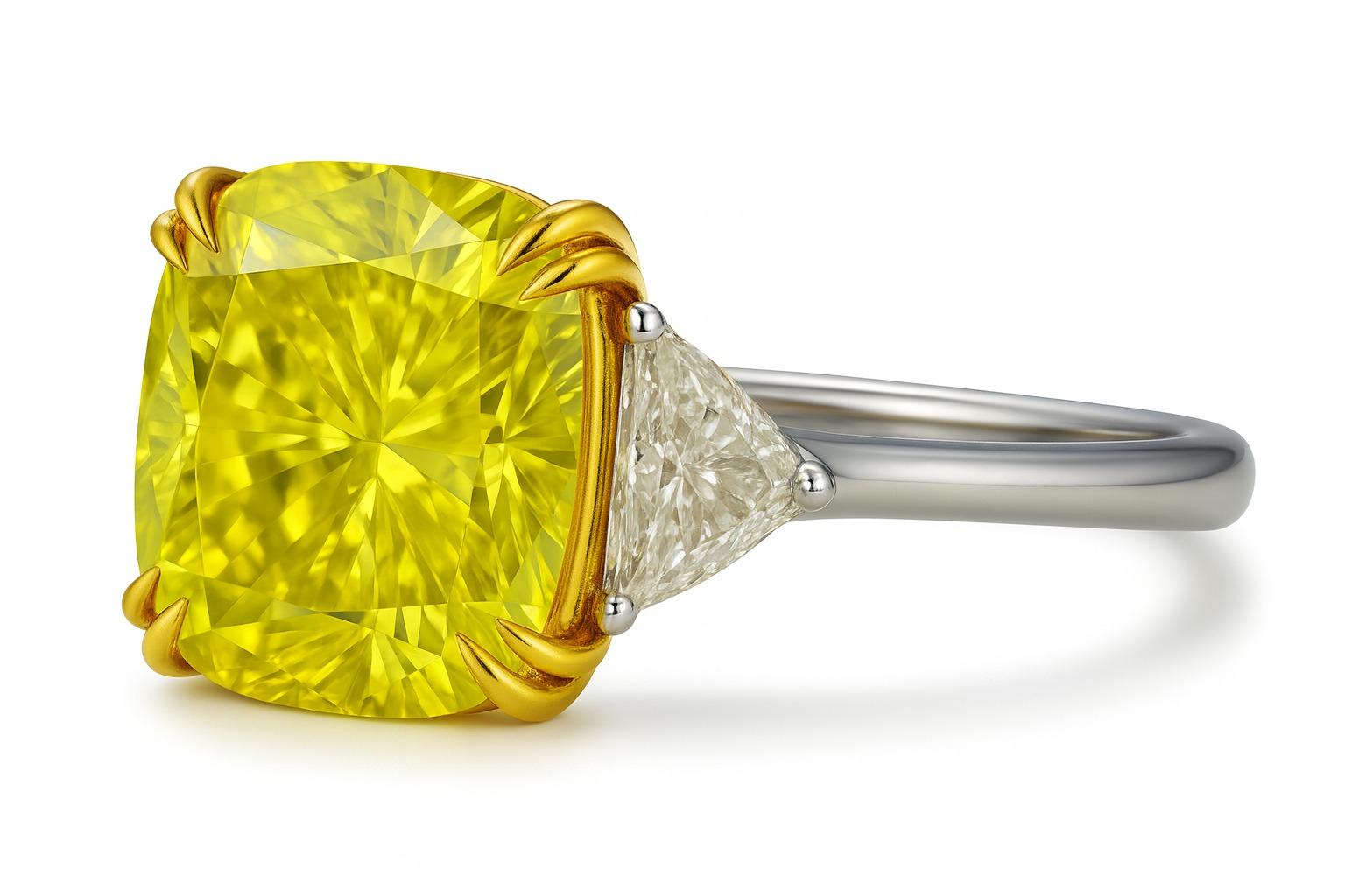 GIA Certified 4.04 Carat Fancy Yellow Internally Flawless Cushion Diamond Ring Neuf - En vente à Chicago, IL