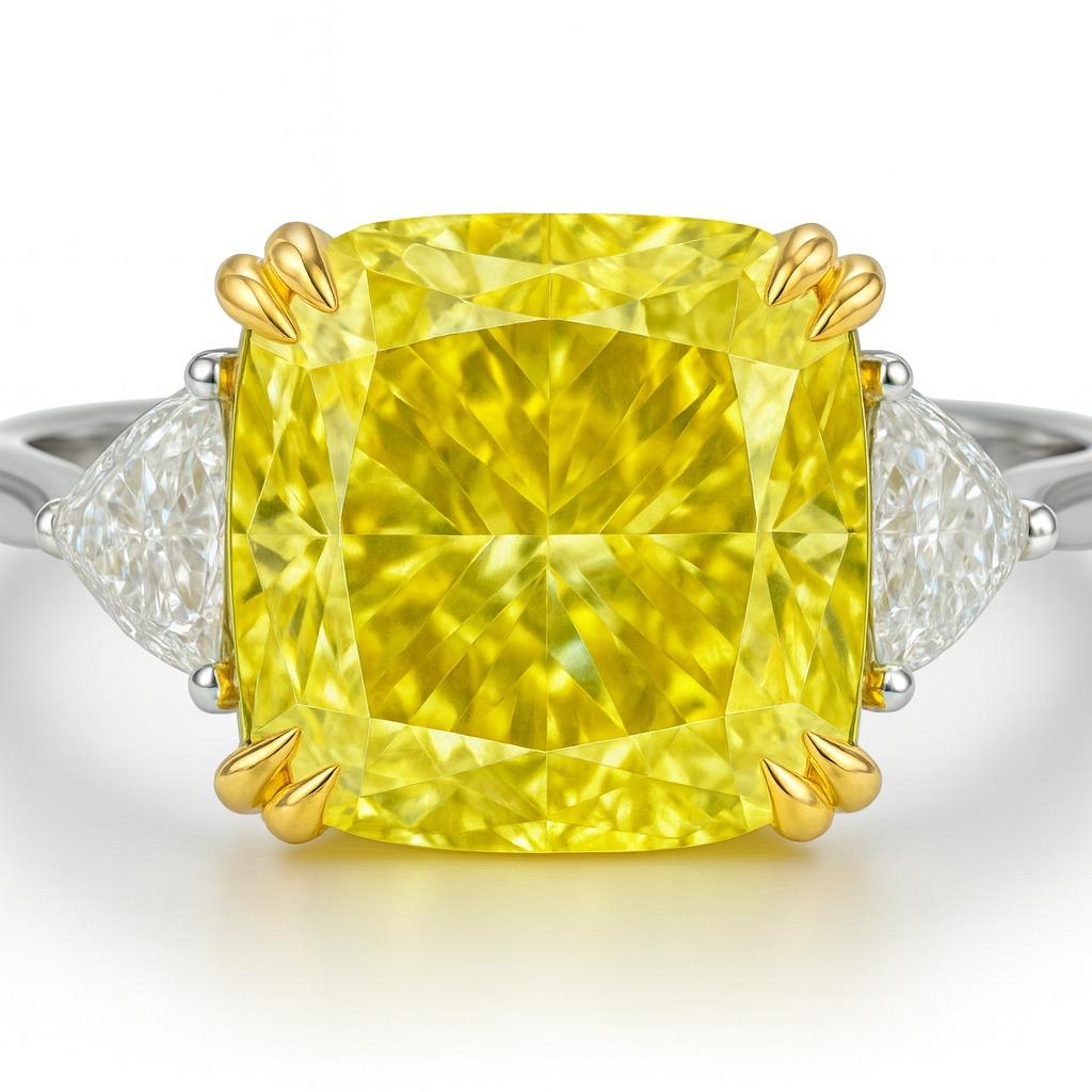 GIA Certified 4.04 Carat Fancy Yellow Internally Flawless Cushion Diamond Ring Unisexe en vente