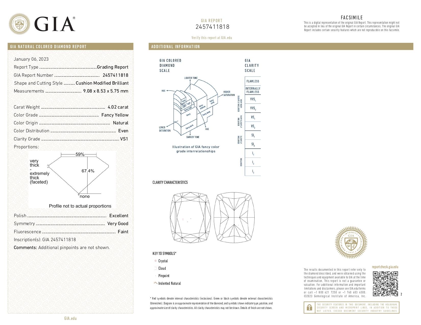 Bague à diamant coussin certifié GIA de 4,04 carats de couleur jaune fantaisie sans défaut interne Unisexe en vente