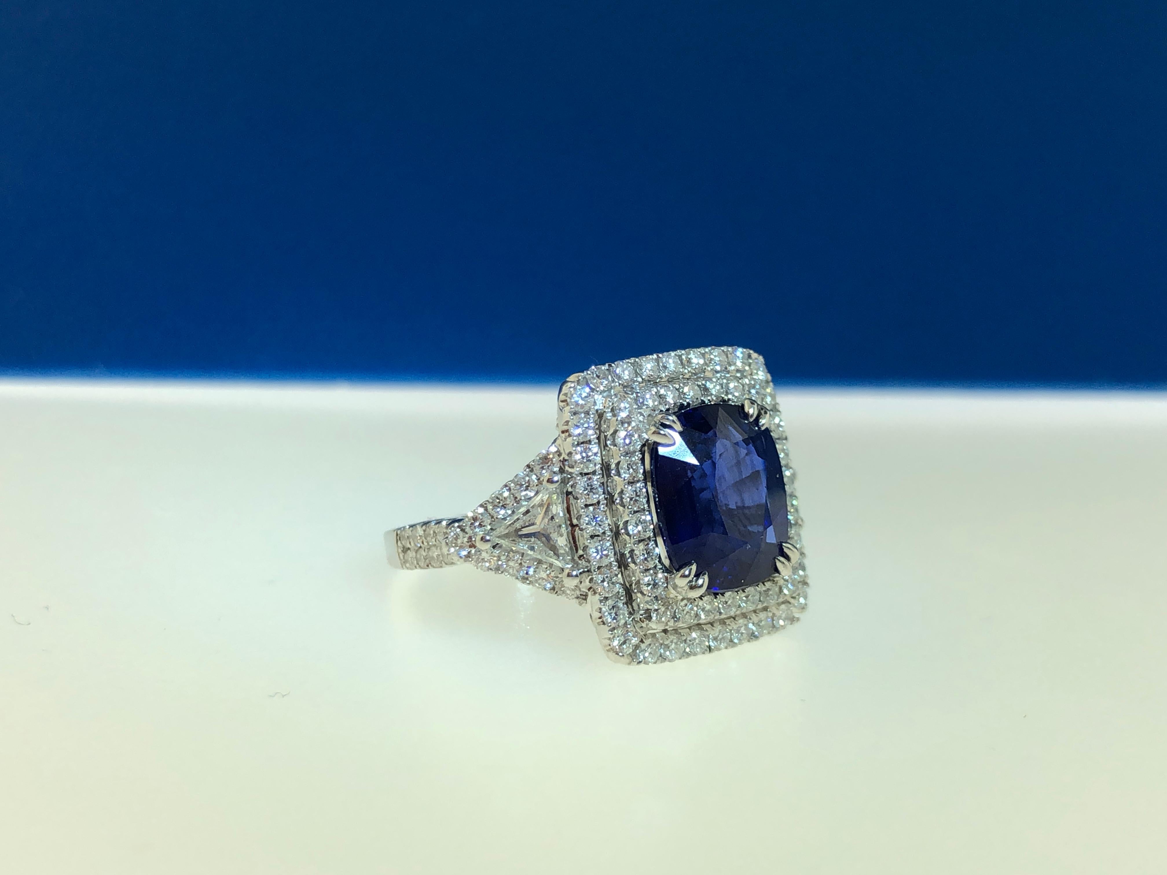Cushion Cut GIA Certified 4.04 Carat Sapphire and Diamond Cocktail Ring For Sale