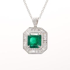 GIA Certified 4.04 Octagonal Cut Emerald & Diamond Halo Pendant Necklace